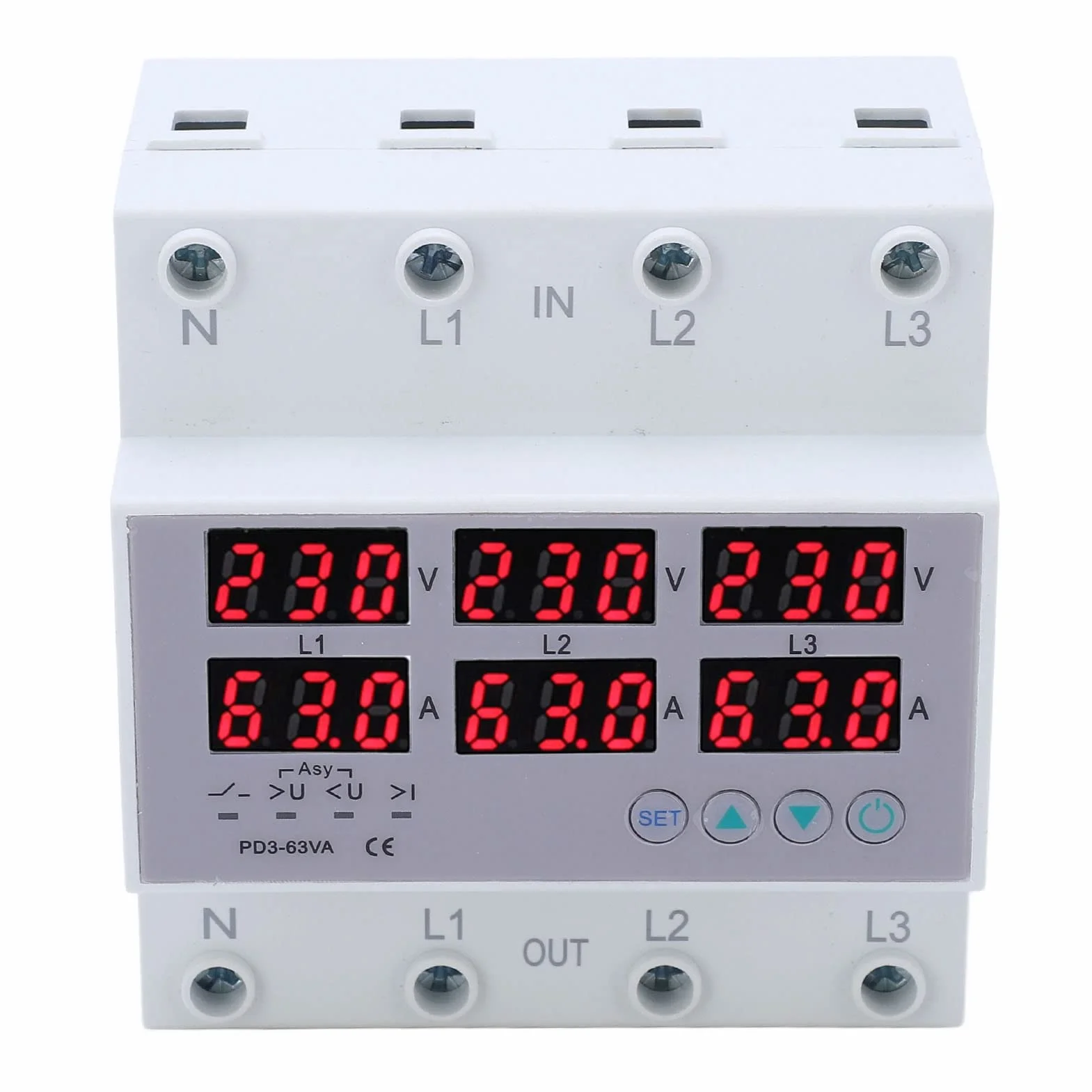 Voltmetro trifase AC 390-500V guida DIN 63A amperometro protezione sovratensione sottotensione regolabile