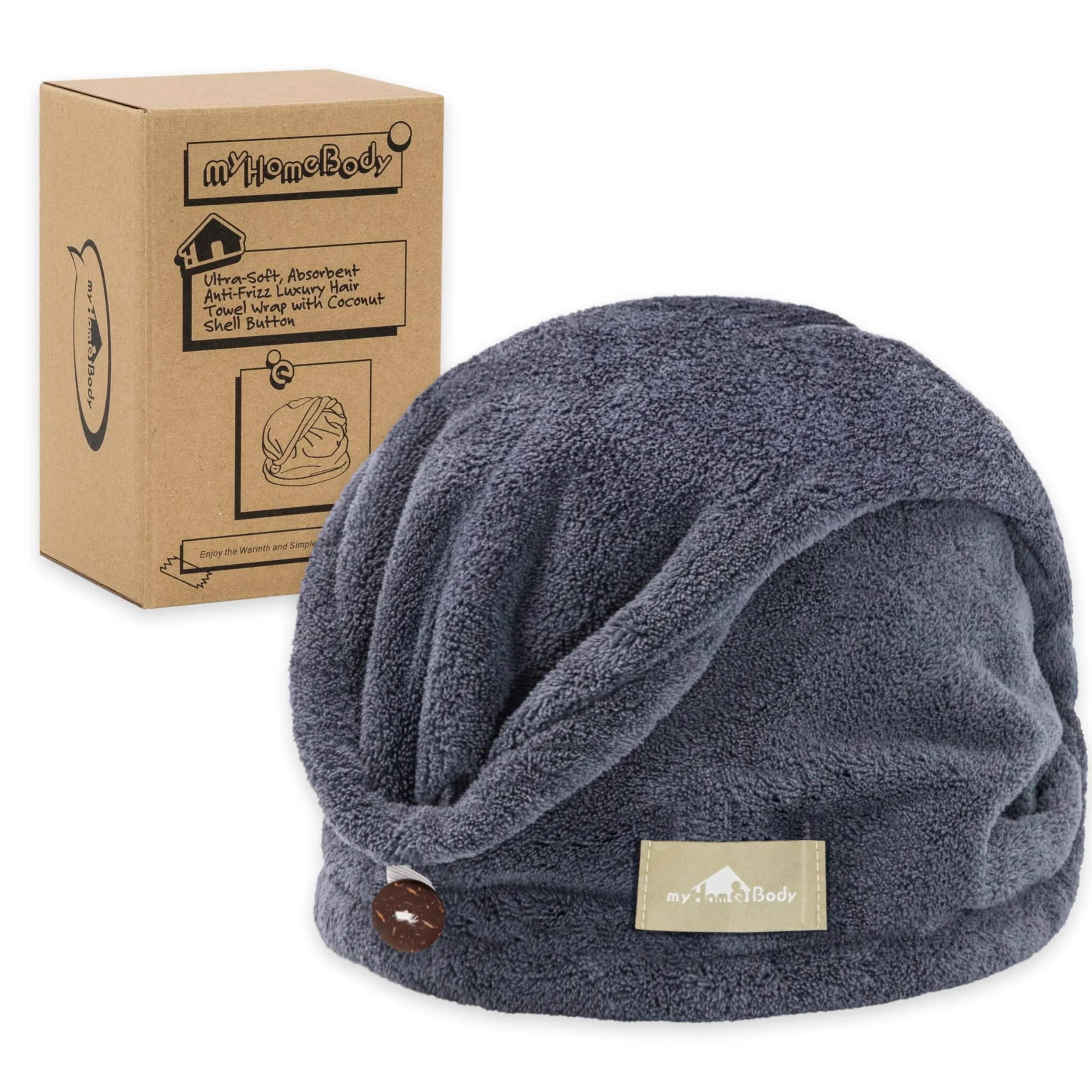 myHomeBody - Asciugamano per capelli con turbante anti-crespo, ad asciugatura rapida, ultra morbido e ad asciugatura rapida, in fibra di bambù assorbente, con pulsante di cocco – Midnight Blue