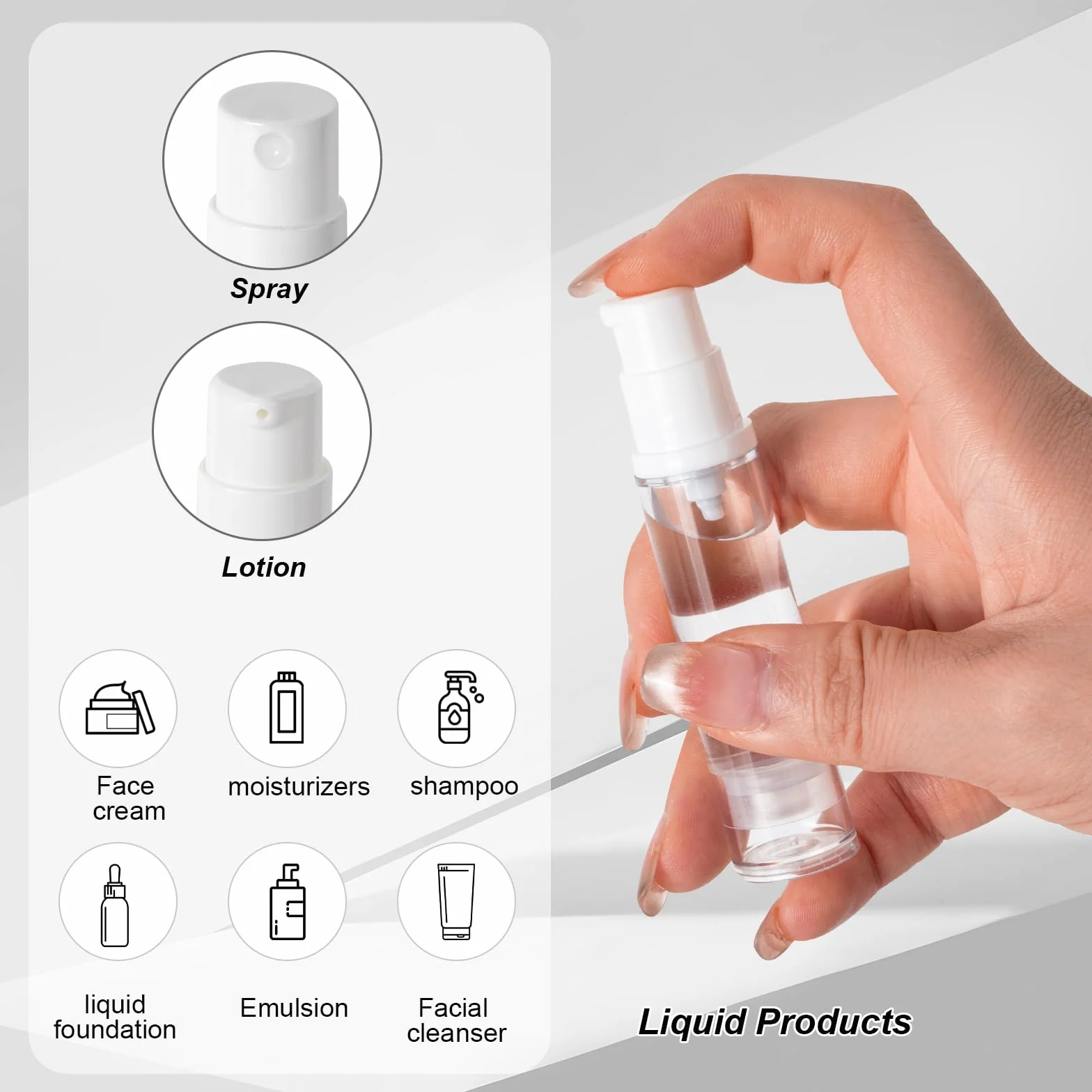 Leikedun 10 flaconi vuoti a pompa airless da 10 ml, ricaricabili, trasparenti, da viaggio, contenitori per cosmetici, con adesivi, per fondotinta, essenza, crema, lozioni, articoli da toeletta