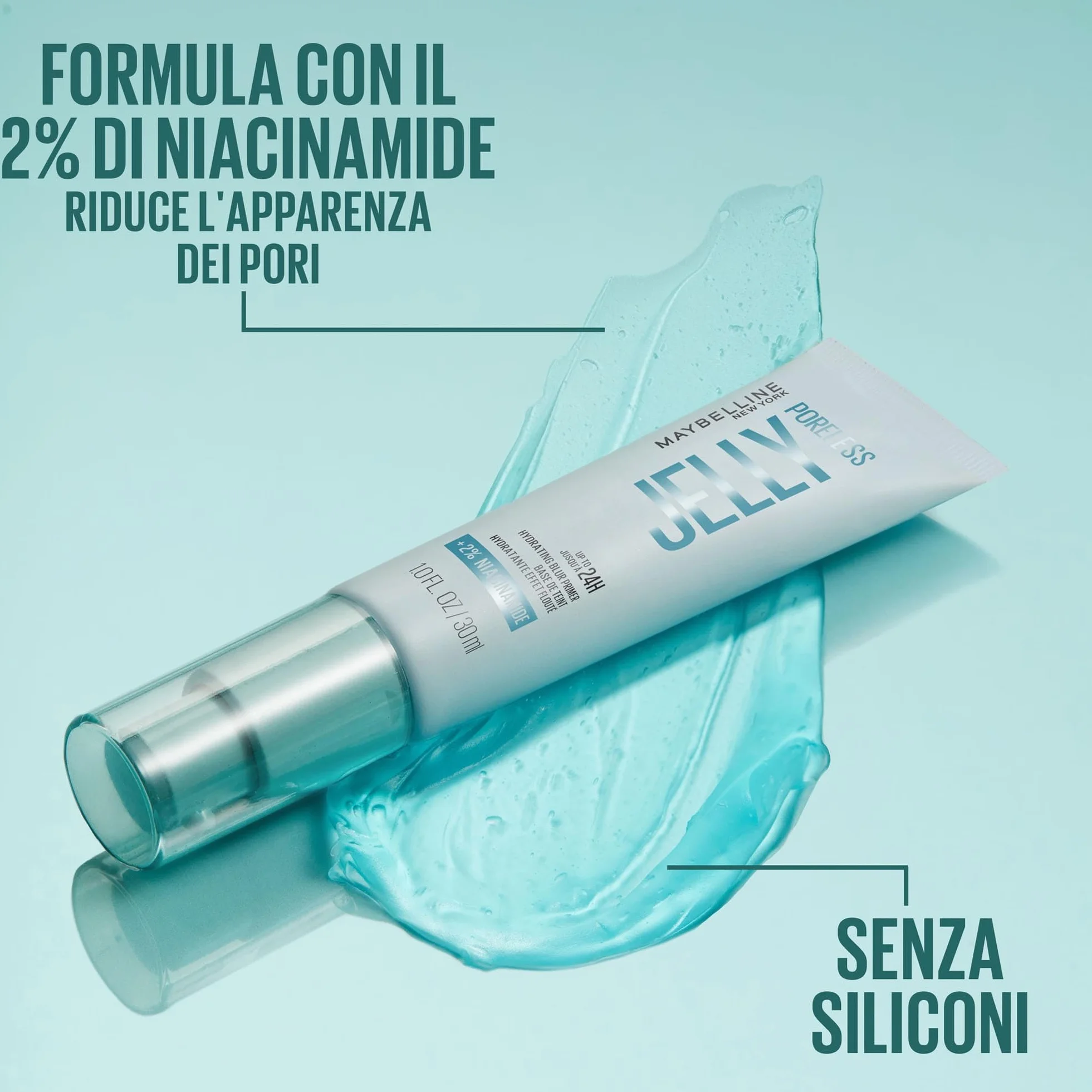 Maybelline New York Primer Idratante, Rende la Pelle Uniforme e Idratata per 24H*, Pori Meno Visibili e Lucidità Ridotta, Non Unge la Pelle, Arricchito Con Niacinamide, Poreless Jelly Primer, 30 ml