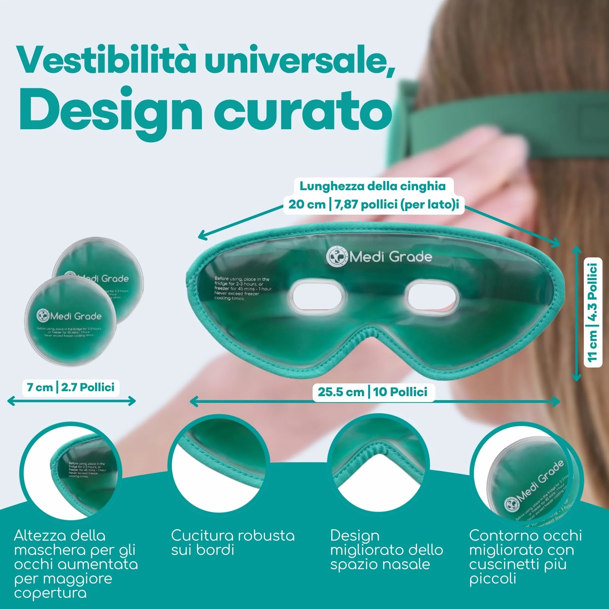 Medi Grade Maschera Occhi Gel Freddo - Riutilizzabile con 2 Cuscinetti Rinfrescanti, 1 tessuto Lycra e Borsa Termica - Mascherina Refrigerante con Strap Regolabili