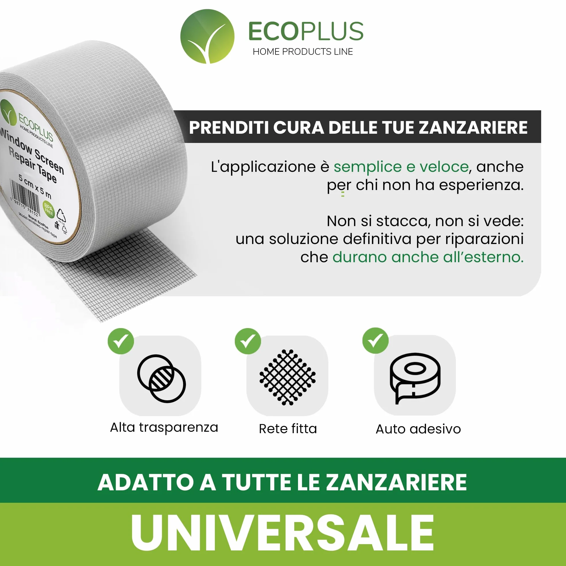 ECOPLUS Nastro Ripara Zanzariere in Fibra di Vetro – Riparazione Rete Finestra e Porta – Grigio 5 Metri