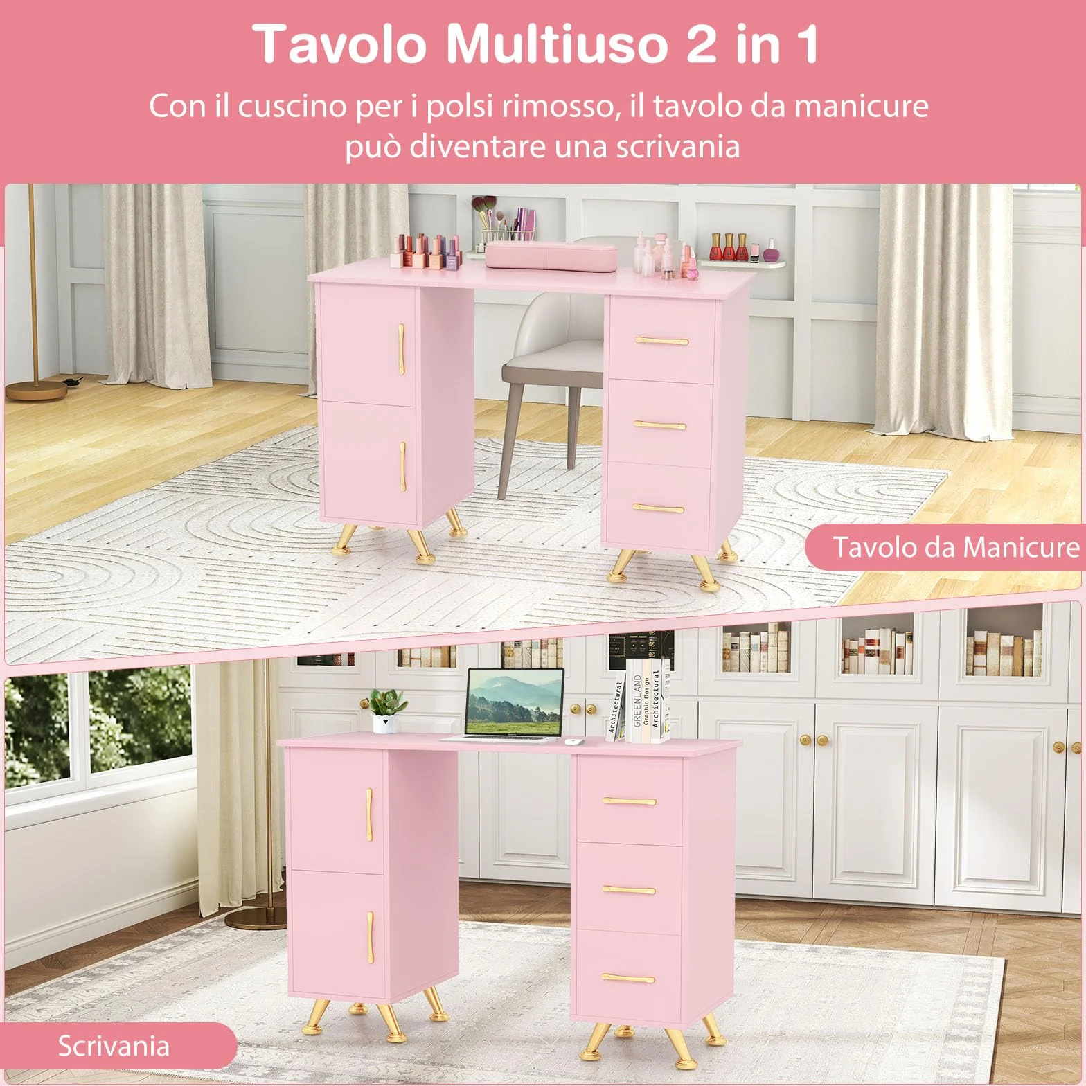 GYMAX Tavolo da Manicure, Stazione Tavolo per Tecnico Unghie, Cuscino per Polso, 8 Gambe in Metallo, 3 Cassetti e 2 Armadi, Stazione di Lavoro in Legno per Arte Unghie per Salone di Bellezza (Rosa)