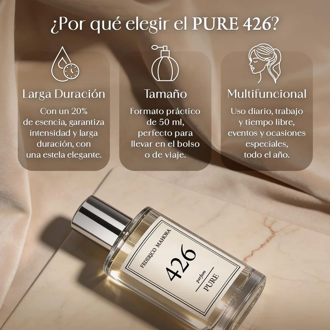Pure 426 Profumo da Donna 50ml | Bergamotto e Neroli | Fiore d'Arancio, Lampone e Gelsomino | Patchouli, Vaniglia e Legno di Cashmere | Fragranza Orientale 20%