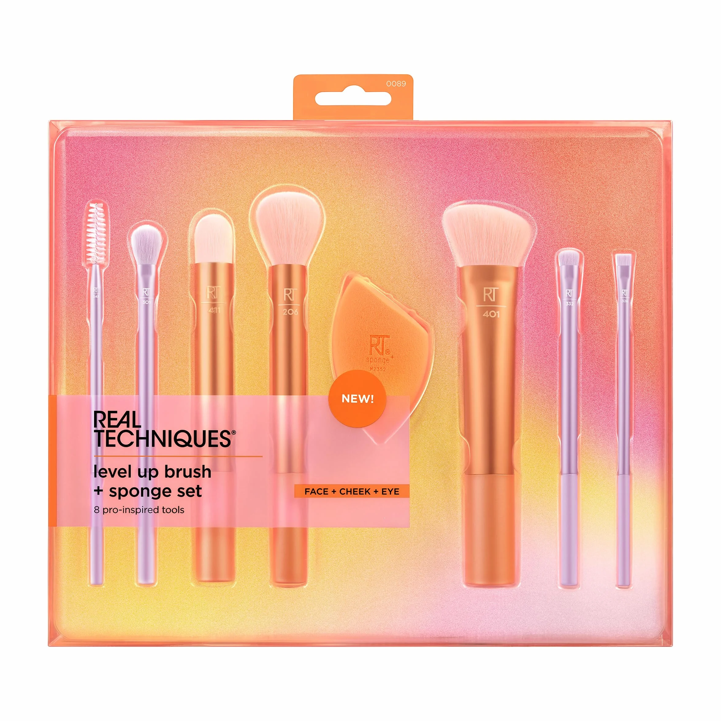Real Techniques Level Up Brush + Sponge Kit, pennelli trucco per ombretto, fondotinta, fard e bronzer, strumenti di trucco di qualità professionale, setole sintetiche, set da 8 pezzi