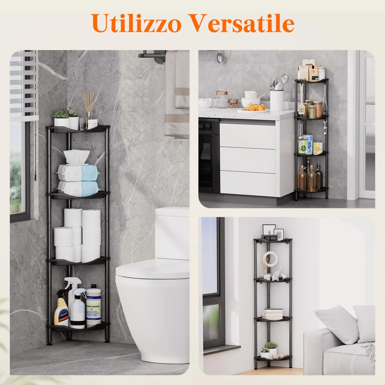 Mensola Doccia a 4 Livelli senza Foratura, Organizzatore Angolo per Bagno in Plastica, Nero 34cm