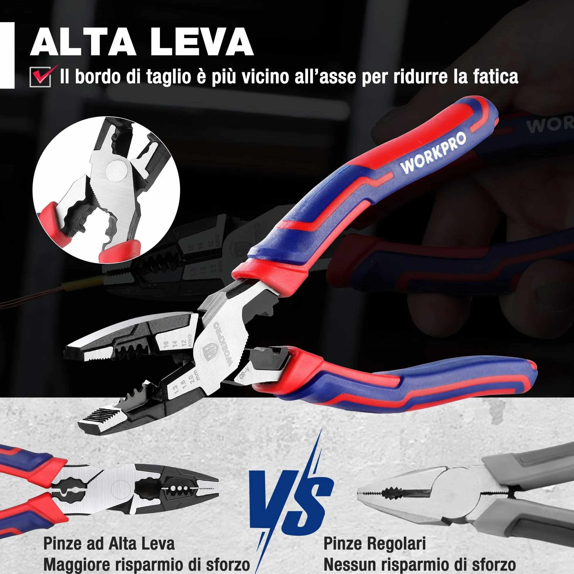 WORKPRO Pinza Combinata 5 in 1 209mm 16-12 AWG (1,3-2,0mm) Cr-V per Elettricisti