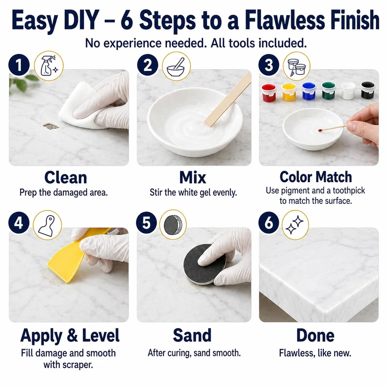Kit Riparazione Piastrelle, Colla per Ceramica, Stucco per Piastrelle per Scheggiature, Crepe, Graffi su Granito, Marmo, Quarzo