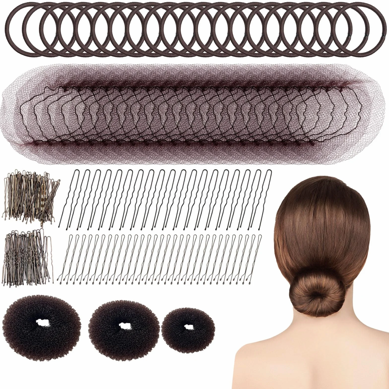 UILYNIU 183 Pezzi Realizzare Chignon Set 3 pezzi Chignon a Ciambella 60 Pezzi Retine per Capelli Invisibili e 100 Forcine Capelli, 20 Elastici per Capelli per Bambine e Donne (Marrone)