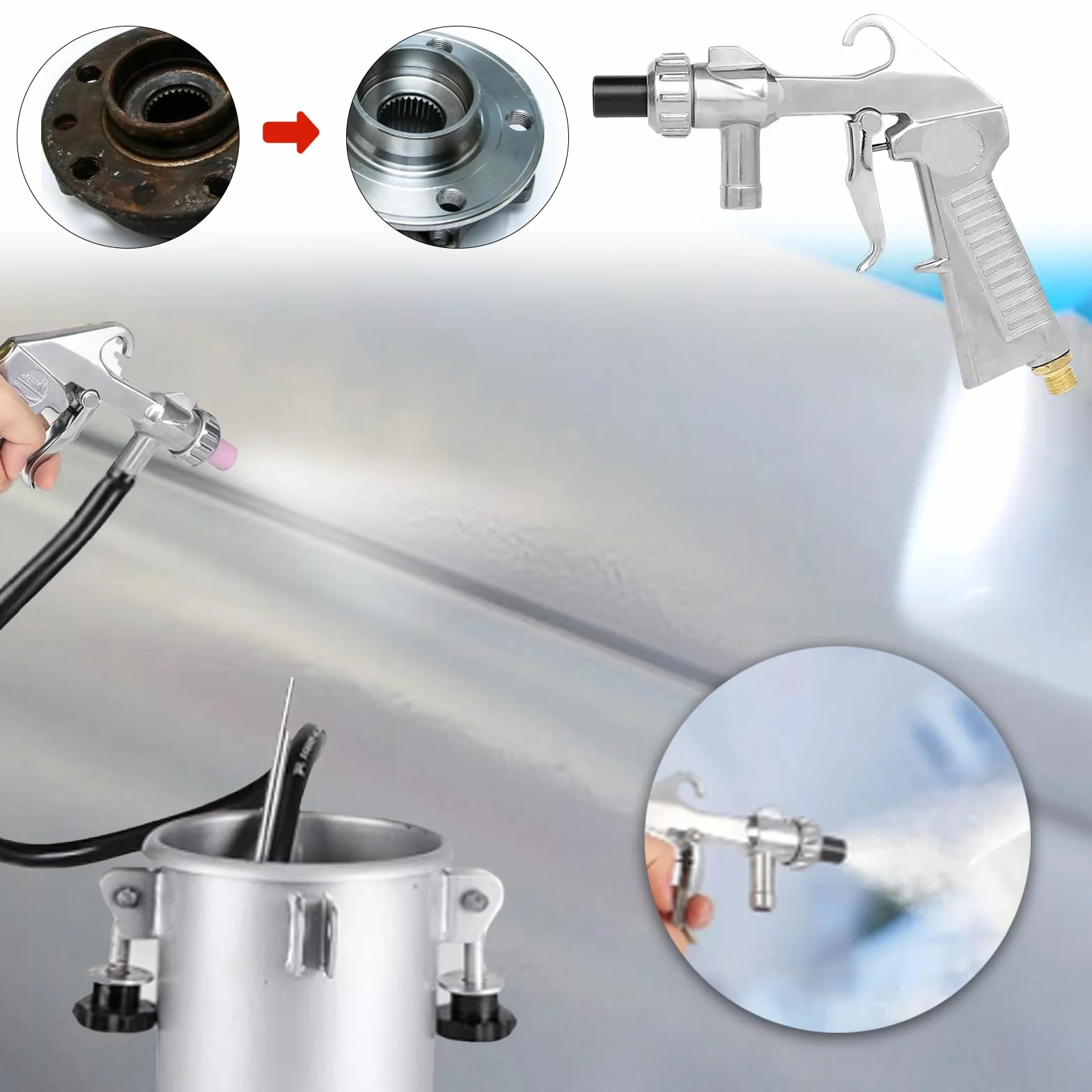 Pistola Sabbiatrice Pneumatica per Compressore con Ugelli e Tubo 1M Gomma Kit