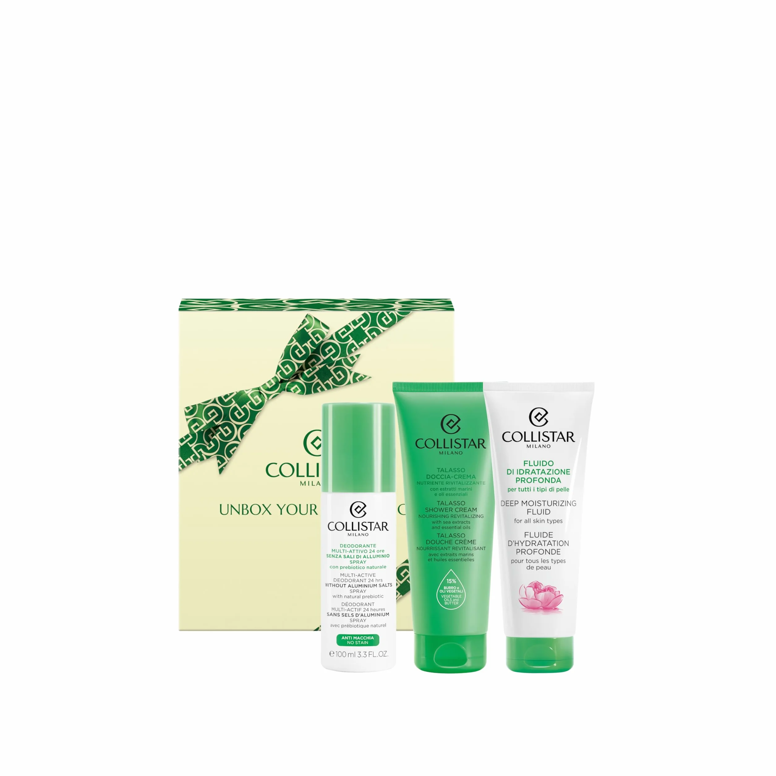 Collistar Cofanetto Regalo Corpo Donna, Deodorante + Fluido Idratazione Profonda + Talasso Doccia-Crema 100 ml, Idratazione Profonda, Formato Viaggio