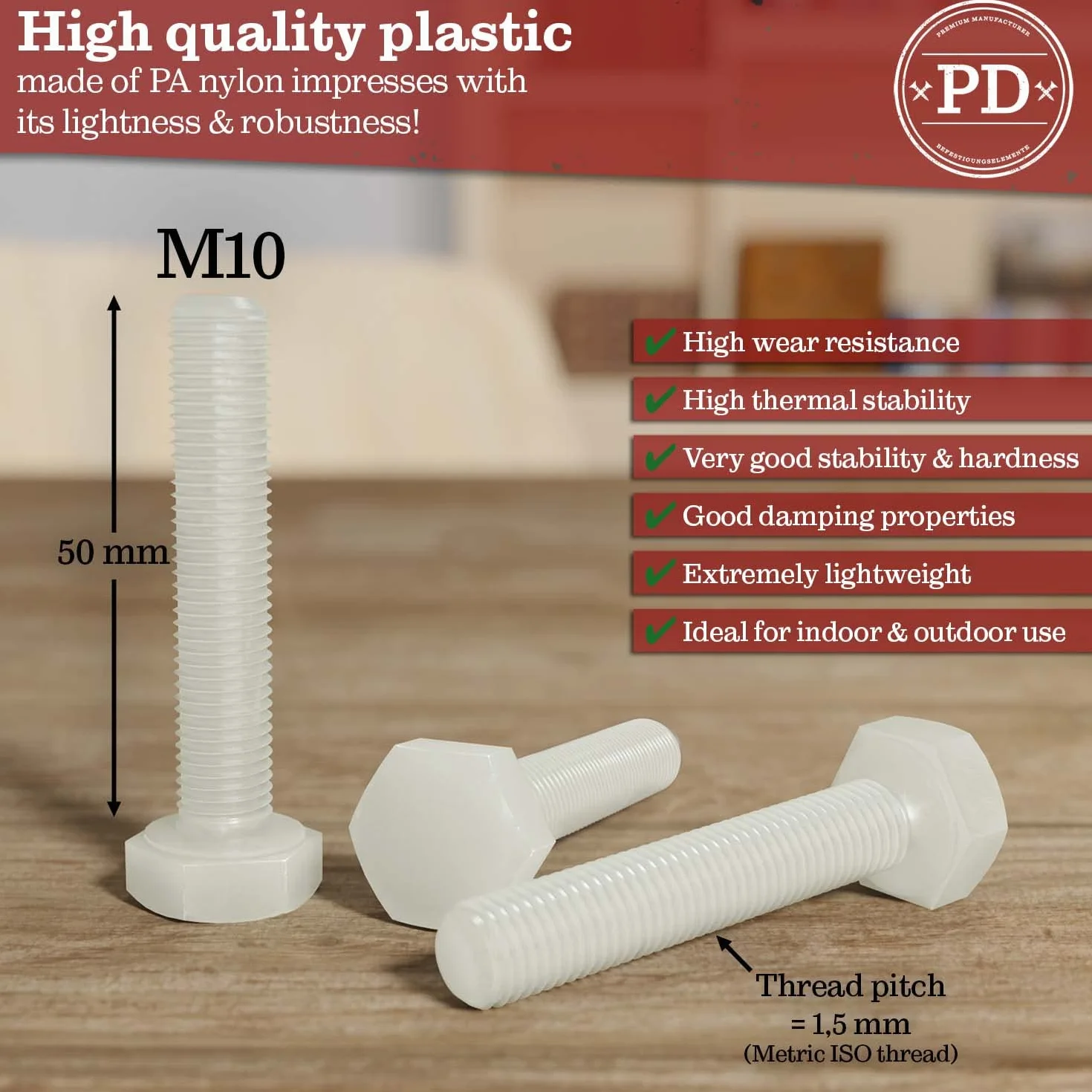 Viti a testa esagonale in plastica M10 x 50 mm DIN 933 ISO 4017 nylon PA 12 pz.