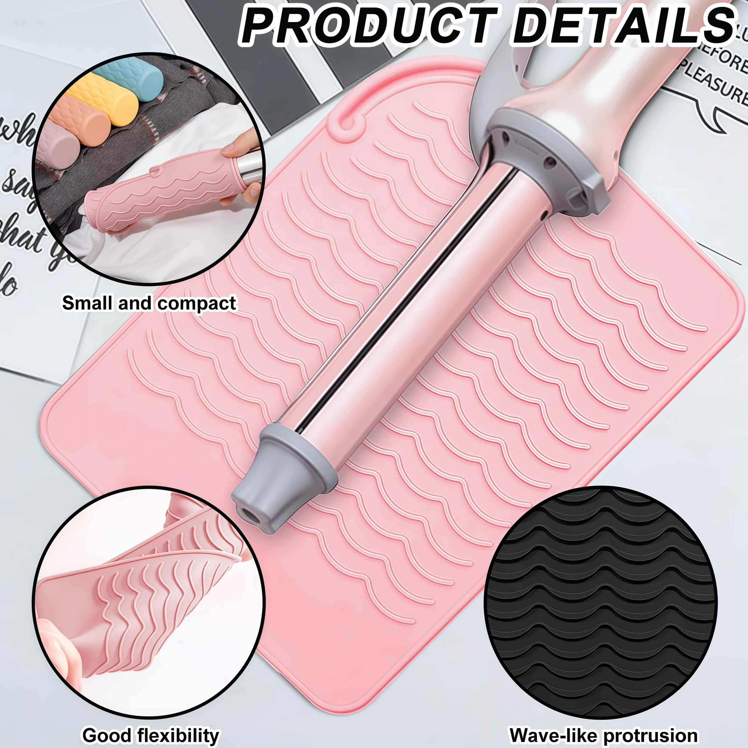 Tappetino termoresistente in silicone 2 pezzi nero e rosa 23x16cm per piastra capelli e ferro arricciacapelli resistente fino a 230°C antiscivolo facile da pulire per casa e salone