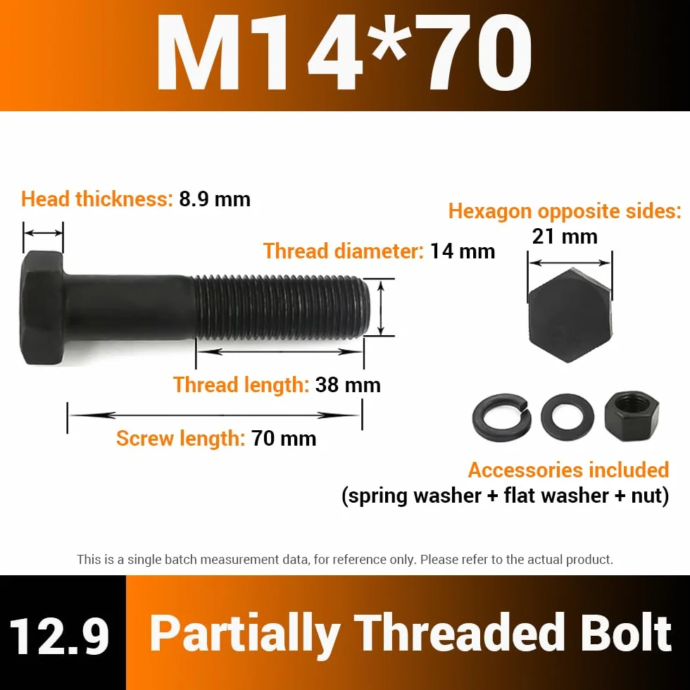 Bulloni a testa esagonale M14x70mm grado 12.9 acciaio nero semifilettato set 4 pezzi