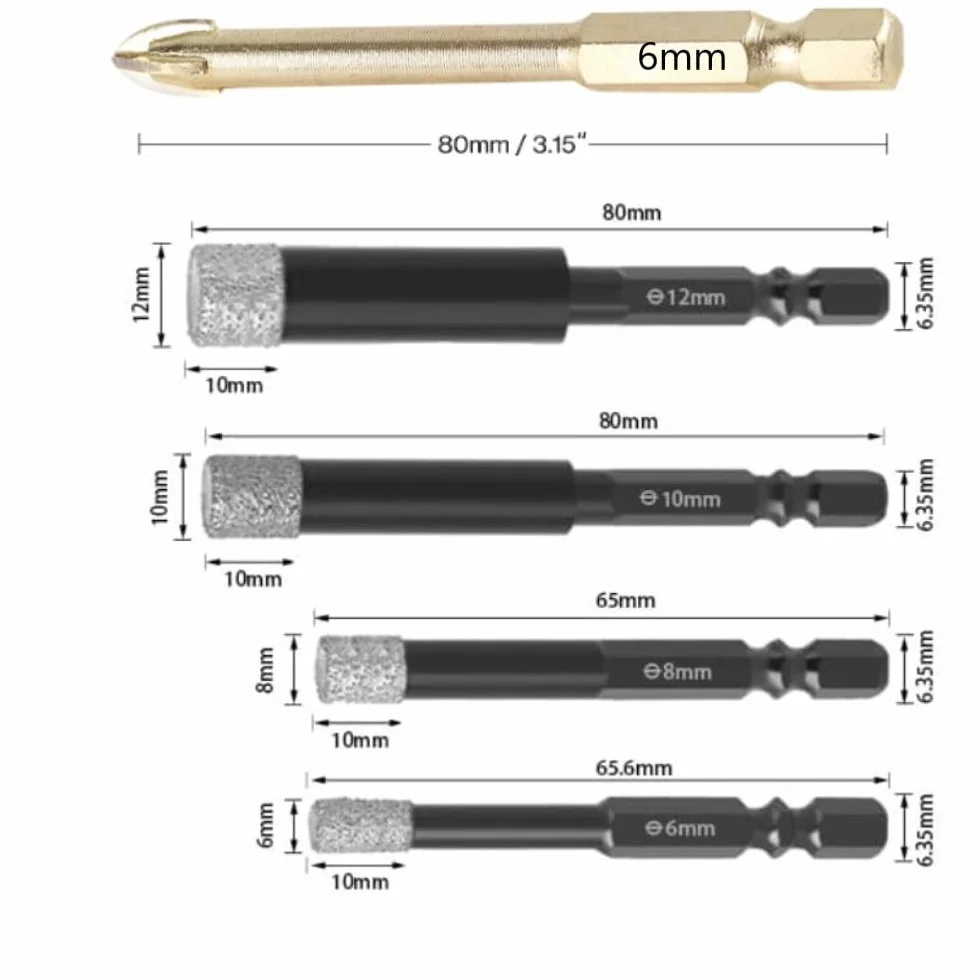 Punte Trapano per Piastrelle e Vetro Diamantati Set 4 Pezzi 6-12 mm per Ceramica Granito Porcellana