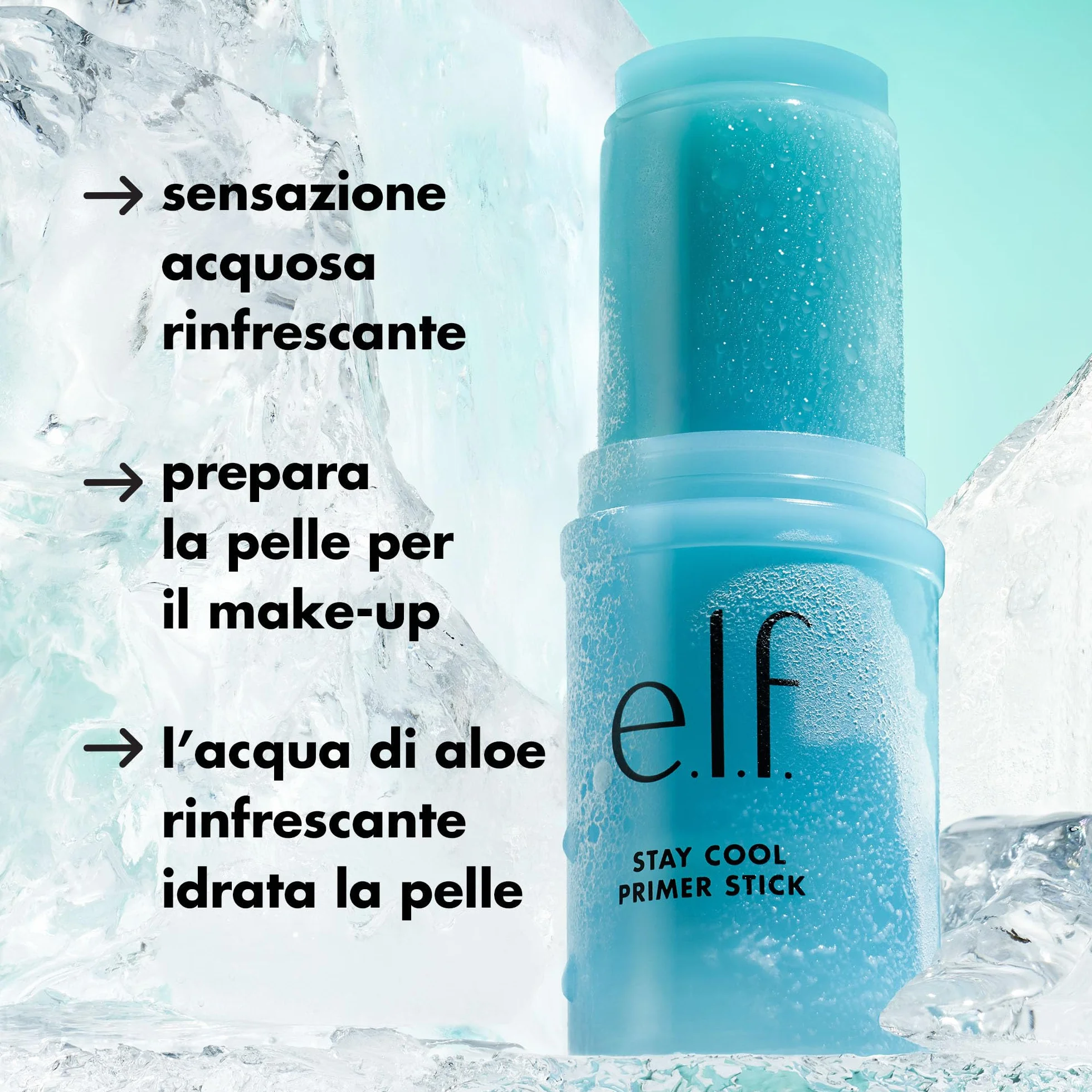 e.l.f. Stay Cool Primer Stick, primer gel idratante, prepara la pelle al make-up, apporta una sensazione rinfrescante, infuso con acqua di aloe, prodotto vegano e non testato sugli animali