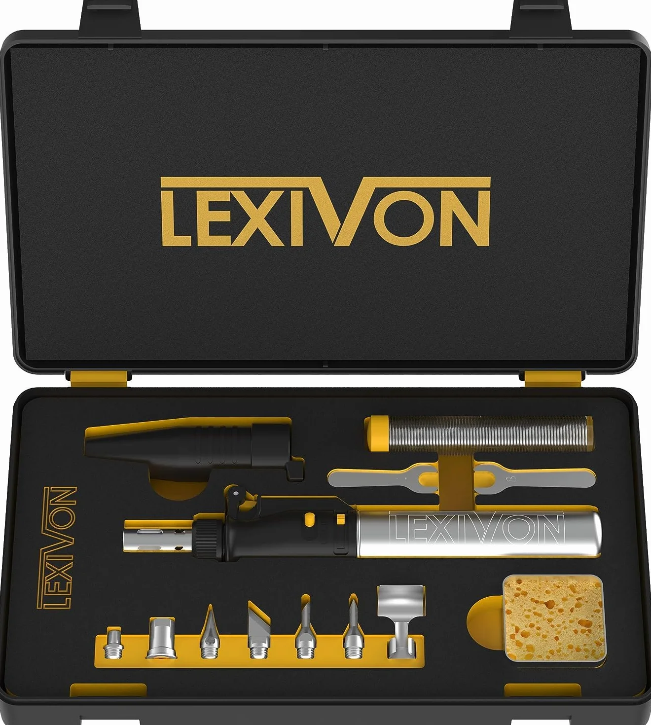 LEXIVON Saldatore a Butano Set di 7 Punte Senza Fili Autoaccensione Fiamma Regolabile Portatile LX-770