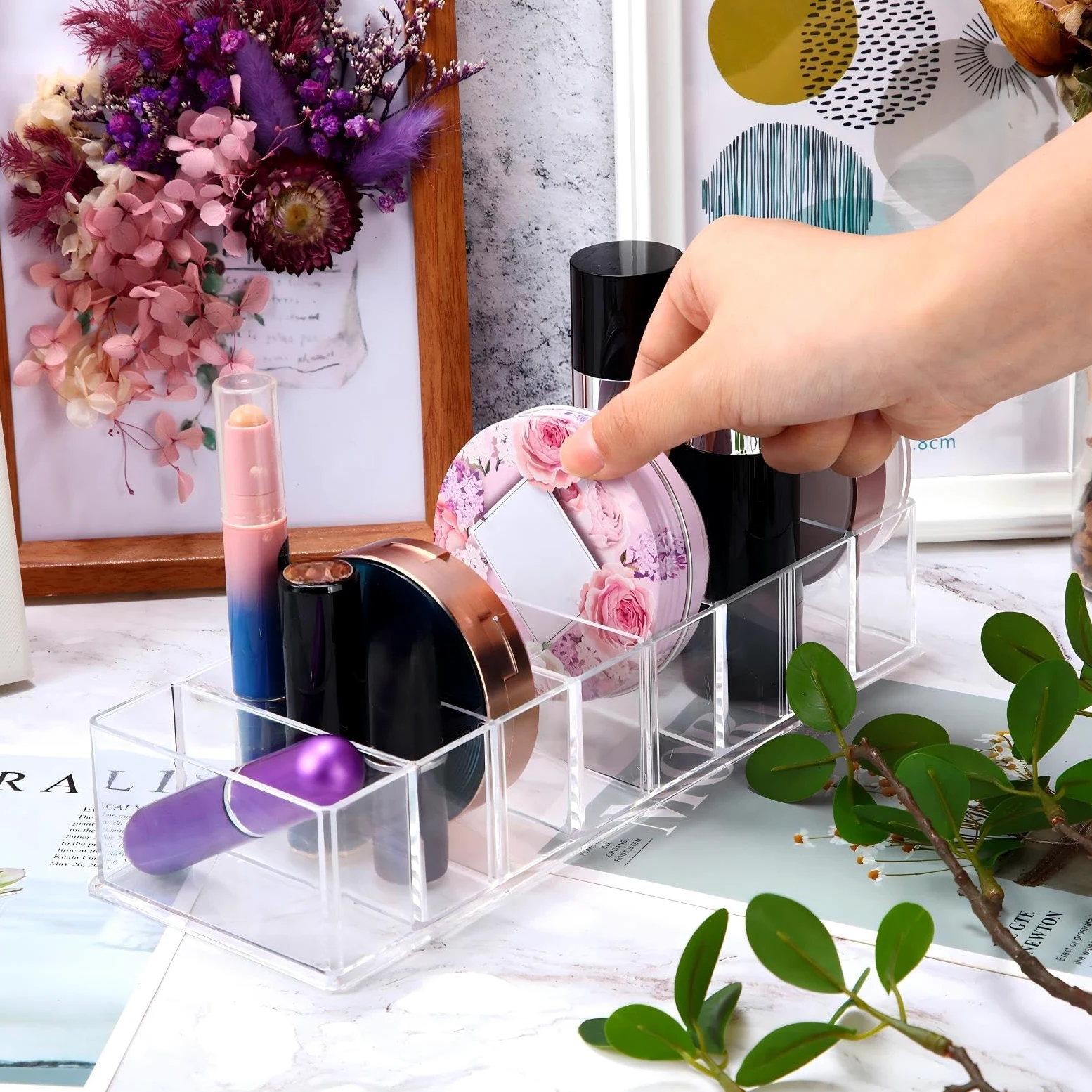 Tuanse 8 organizer compatto per trucco in acrilico, staccabile, 8 spazi, trasparente, organizer per ombretti, rossetto, evidenziatore, cosmetici per la cura della pelle, per il bagno