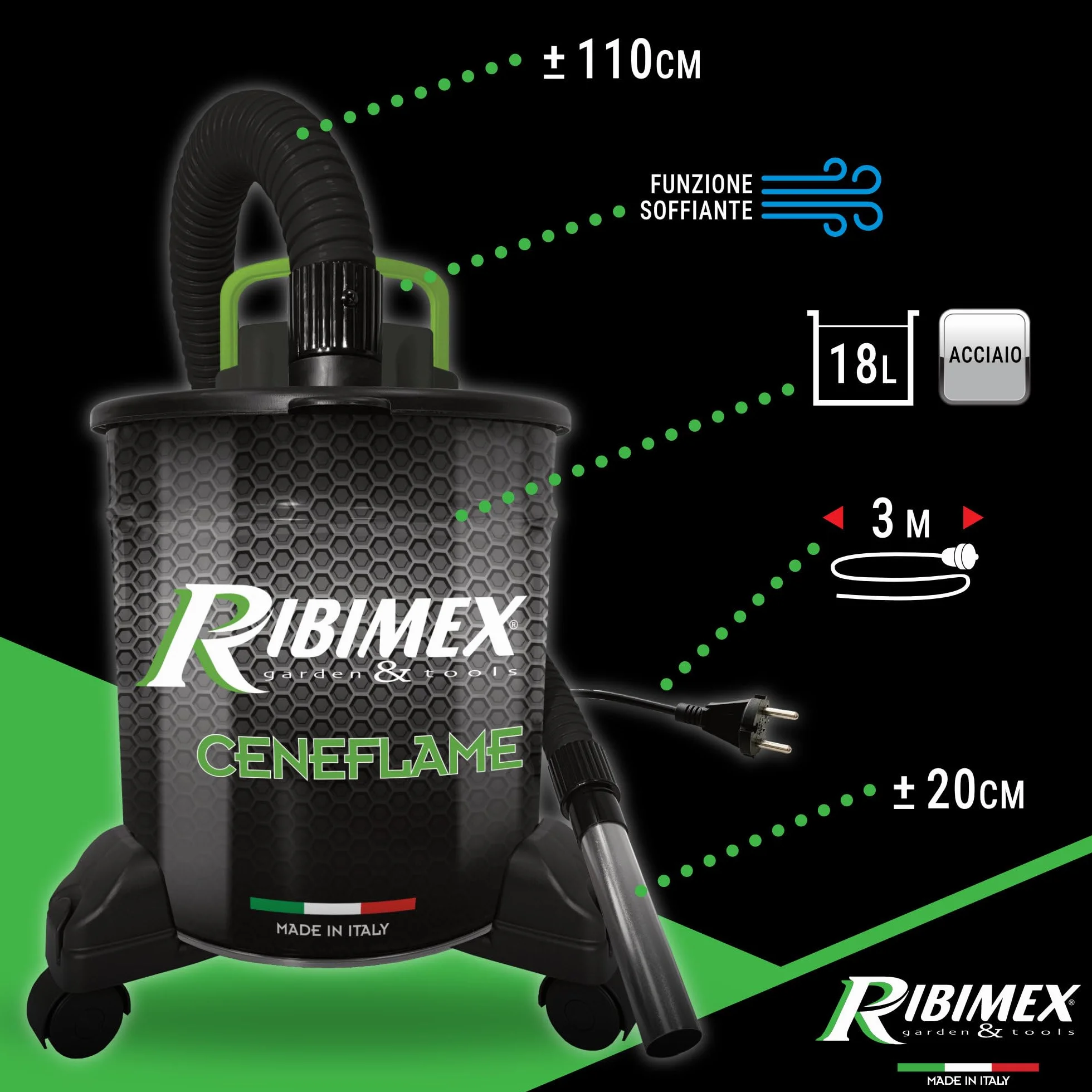 Ribimex Aspiracenere Elettrico Ceneflame 18L 1200W con Filtro HEPA Lavabile PRCEN007
