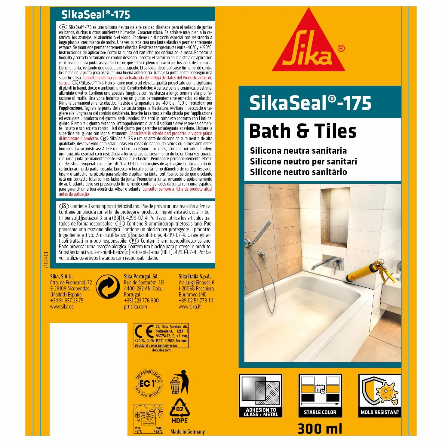 SIKA SikaSeal-175 Silicone per sanitari e piastelle Bianco 300ml Impermeabile Antimuffa