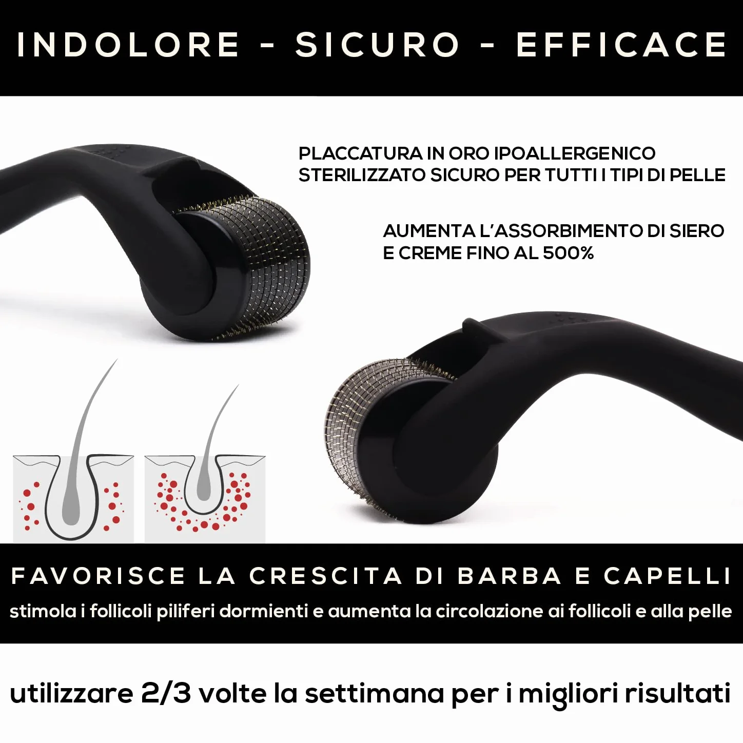 Dermaroller Crescita Barba E Capelli Da 0.5 Mm - Rullo Con Aghi In Titanio E Guida Ebook Dettagliata In Italiano - Trattamento Efficace Anche Per Cicatrici Smagliature Acne