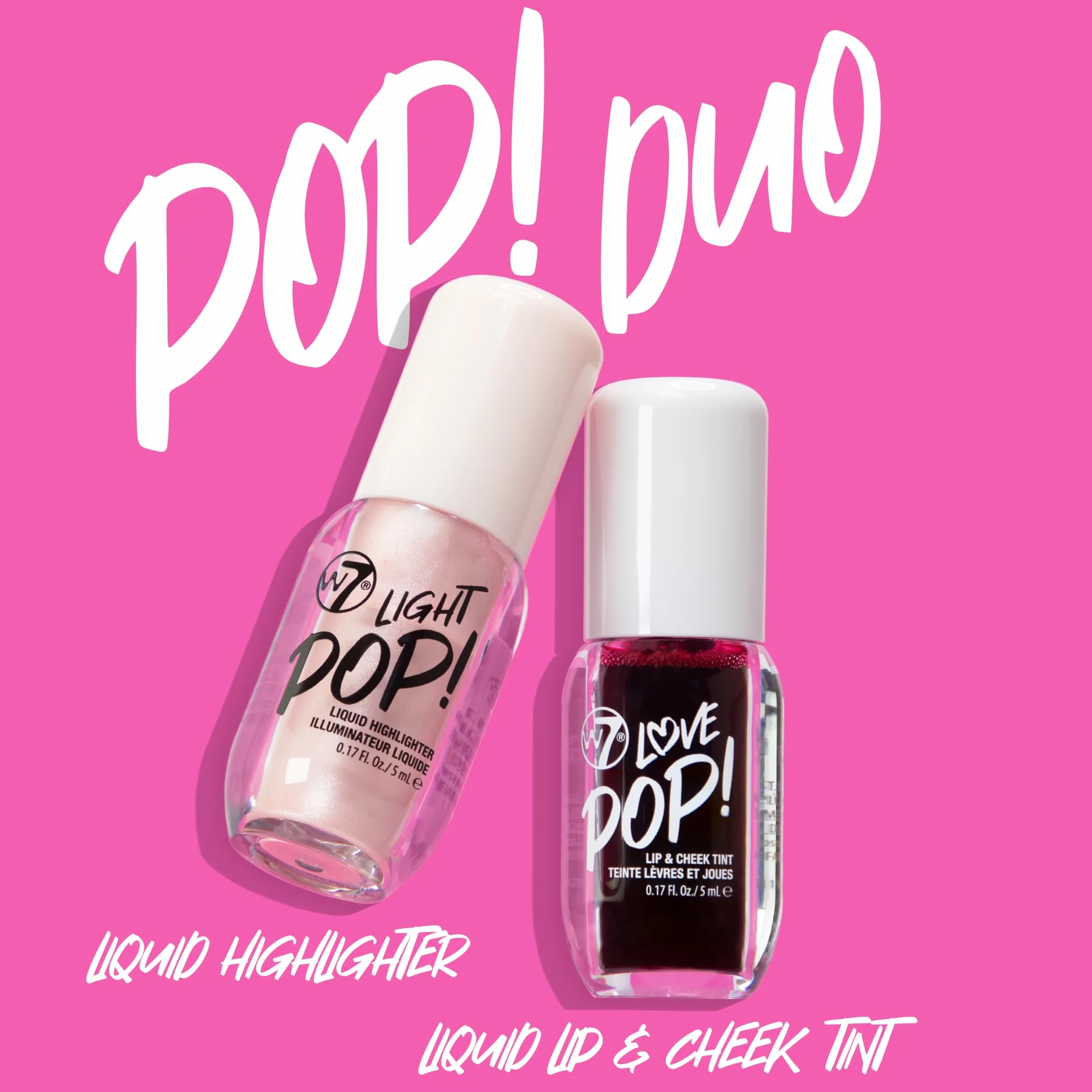 W7 Pop Duo - Set regalo per trucco Love Pop Lip & Cheek Tint + Light Pop Liquid Highlighter - Colore costruibile, Juicy Tint & Glow - 2 x 5 ml