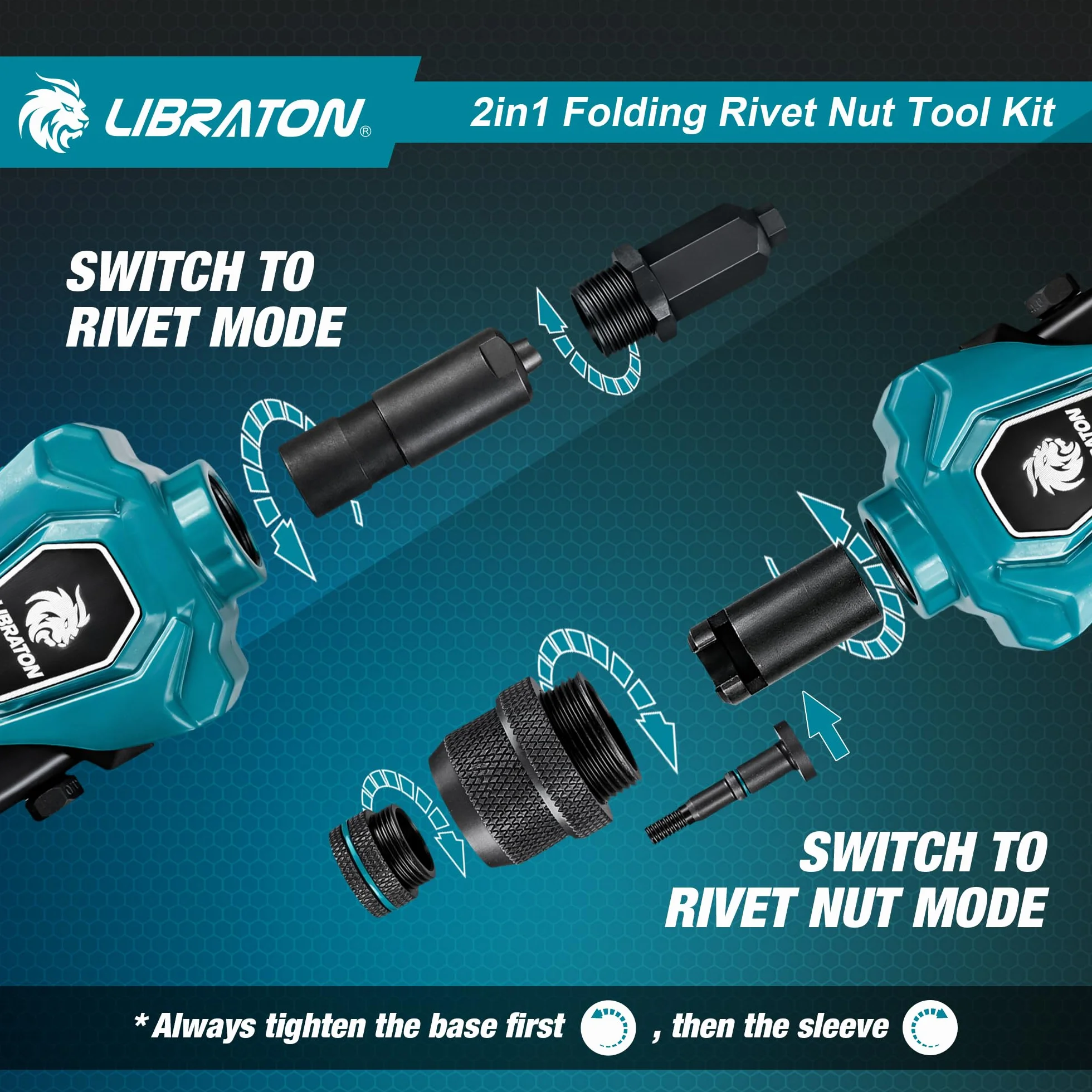 LIBRATON Rivettatrice Pieghevole 2 in 1 per Inserti Filettati, 7 Mandrini M3-M12, 5 Teste 2.4-6.4mm, 70 Inserti 200 Rivetti