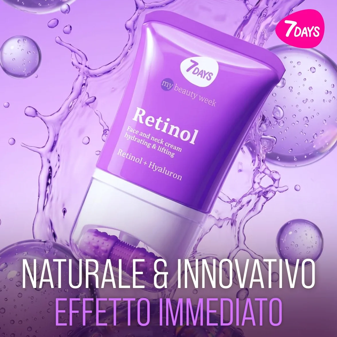 7DAYS Crema Viso e Collo Coreana Antirughe al Retinolo con Rullo Massaggiante – Effetto Lifting Rassodante e Compattezza, Azione Levigante, per Rughe e Linee Sottili, per il Doppio Mento, 80 ml