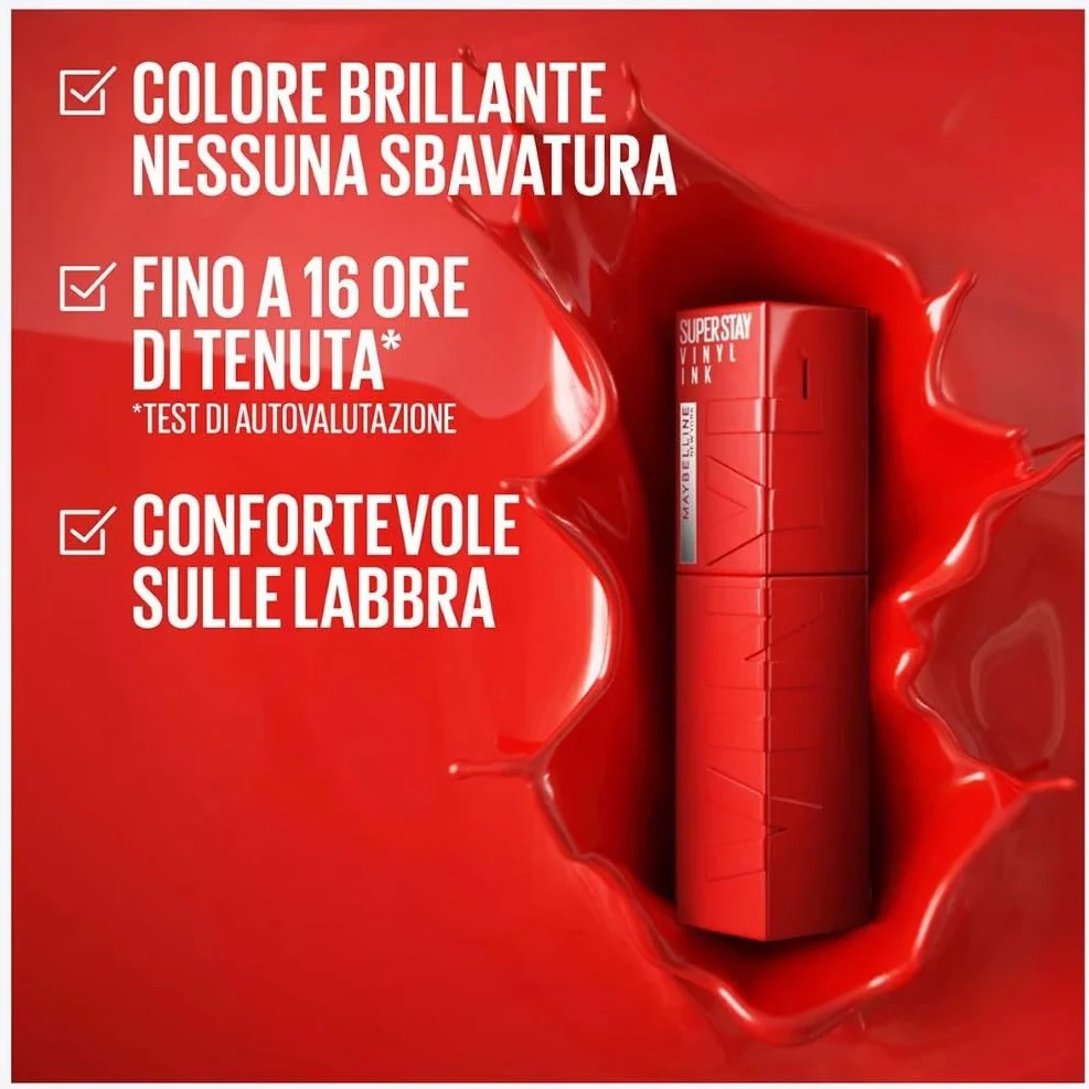 Maybelline New York Tinta Labbra a Lunga Tenuta Superstay Vinyl Ink, Per un Effetto Vinilico fino a 16H, Finish Luminoso e Senza Sbavature, Formula Vegana, Tonalità: 40 WITTY