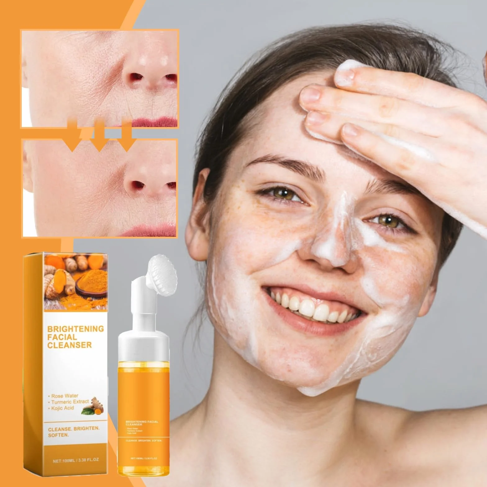 Set da Tre Pezzi Turmeric Wash e Cura, Detergente Viso con Spazzola, Pad Esfolianti per il Viso, Saponetta, Rete Schiumogena per Sapone, Set Detergente Profondo per Viso e Corpo