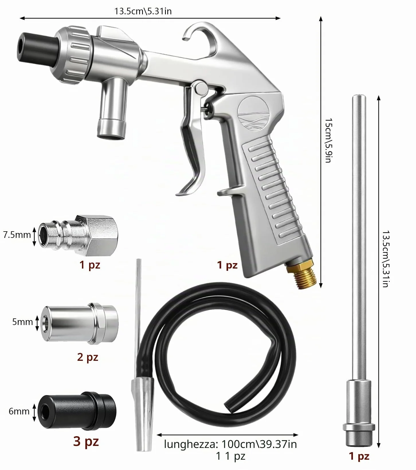 Pistola per Sabbiatura Set 5/6 mm con Ugello Lungo per Compressore