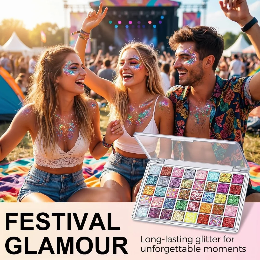 Palette Ombretti Glitter 40 Colori, Altamente Pigmentata per Viso & Corpo. Effetto Gel Lunga Durata per Trucchi Carnevale, Festa, Adulti & Bambini.