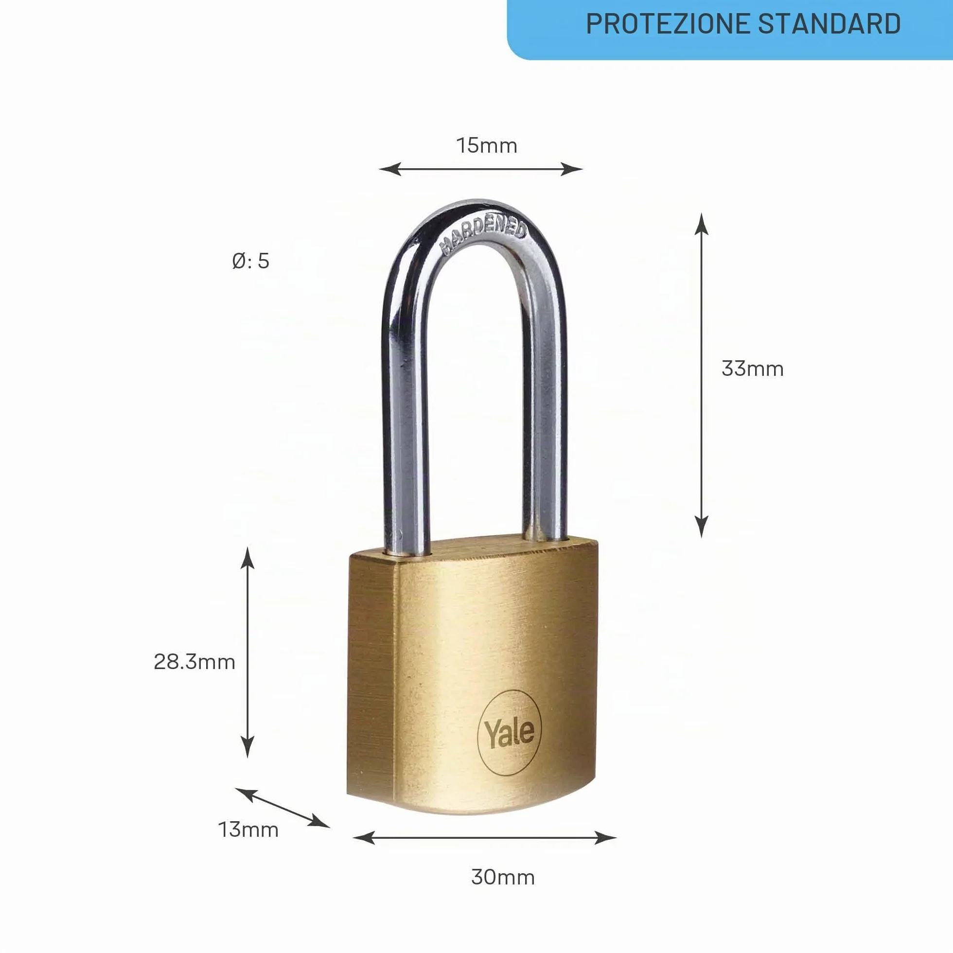 Yale Lucchetto in ottone Y110B/30/132/1 corpo 30mm arco lungo acciaio 3 chiavi