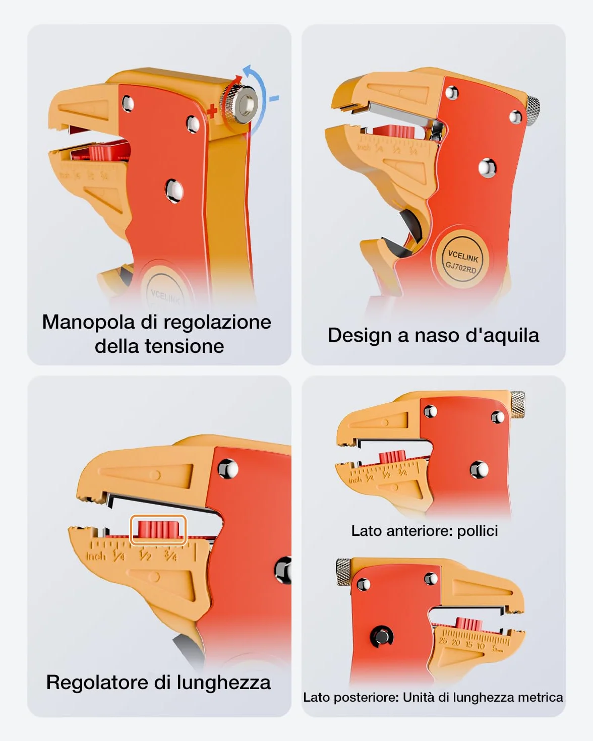 VCELINK Pinza Spelafili Automatica 2 in 1 Lama Mn65 Spelatura 0,2-6 mm² Taglio 0,08-8 mm Rosso/Arancione