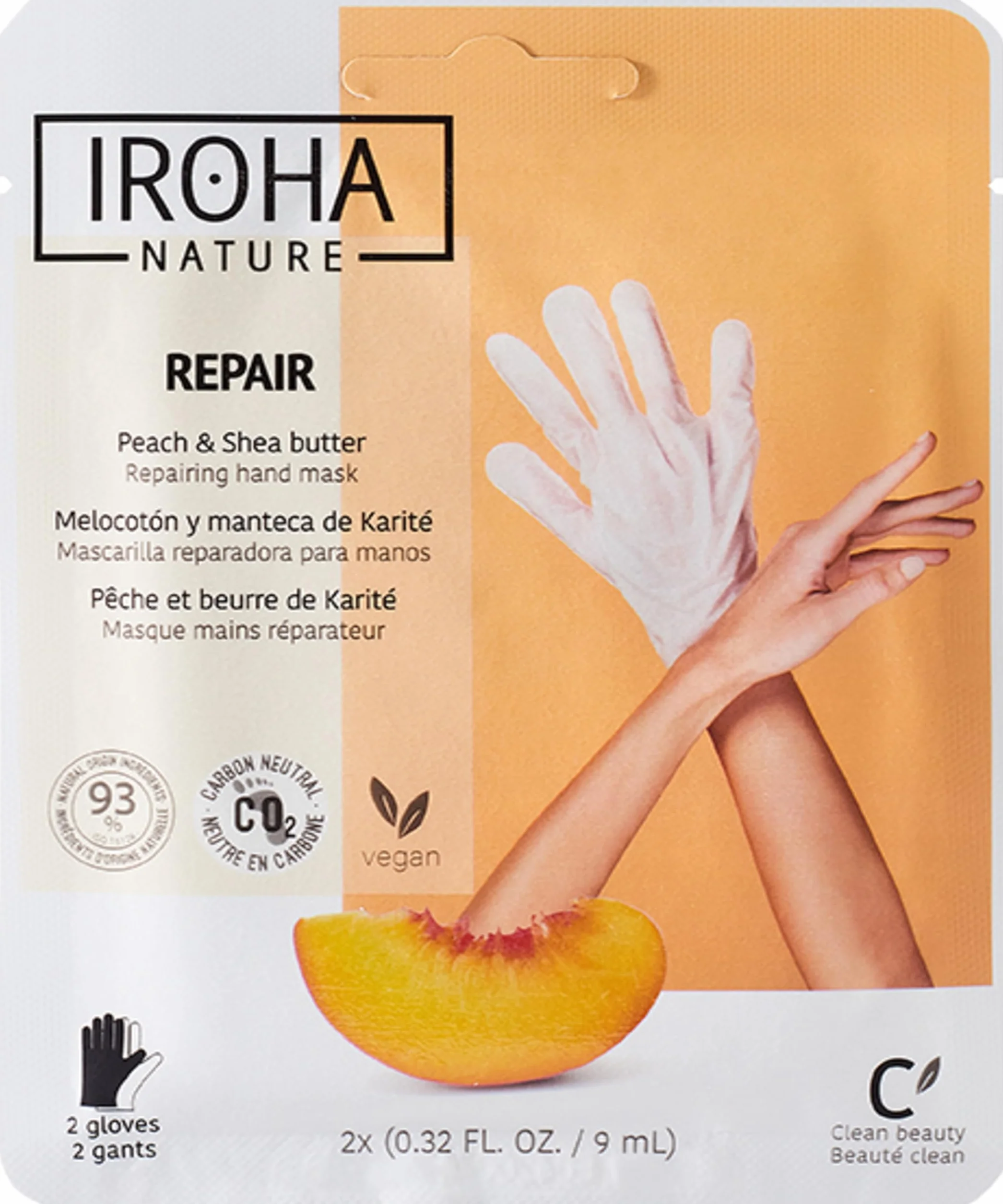 Iroha Nature - Guanti Maschera Riparatori | Pesca e Burro di Karité | Idratazione e Riparazione per Mani Danneggiate e Screpolate | Vegano e 93% Ingredienti Naturali | Sachet 20ml 2 Uds