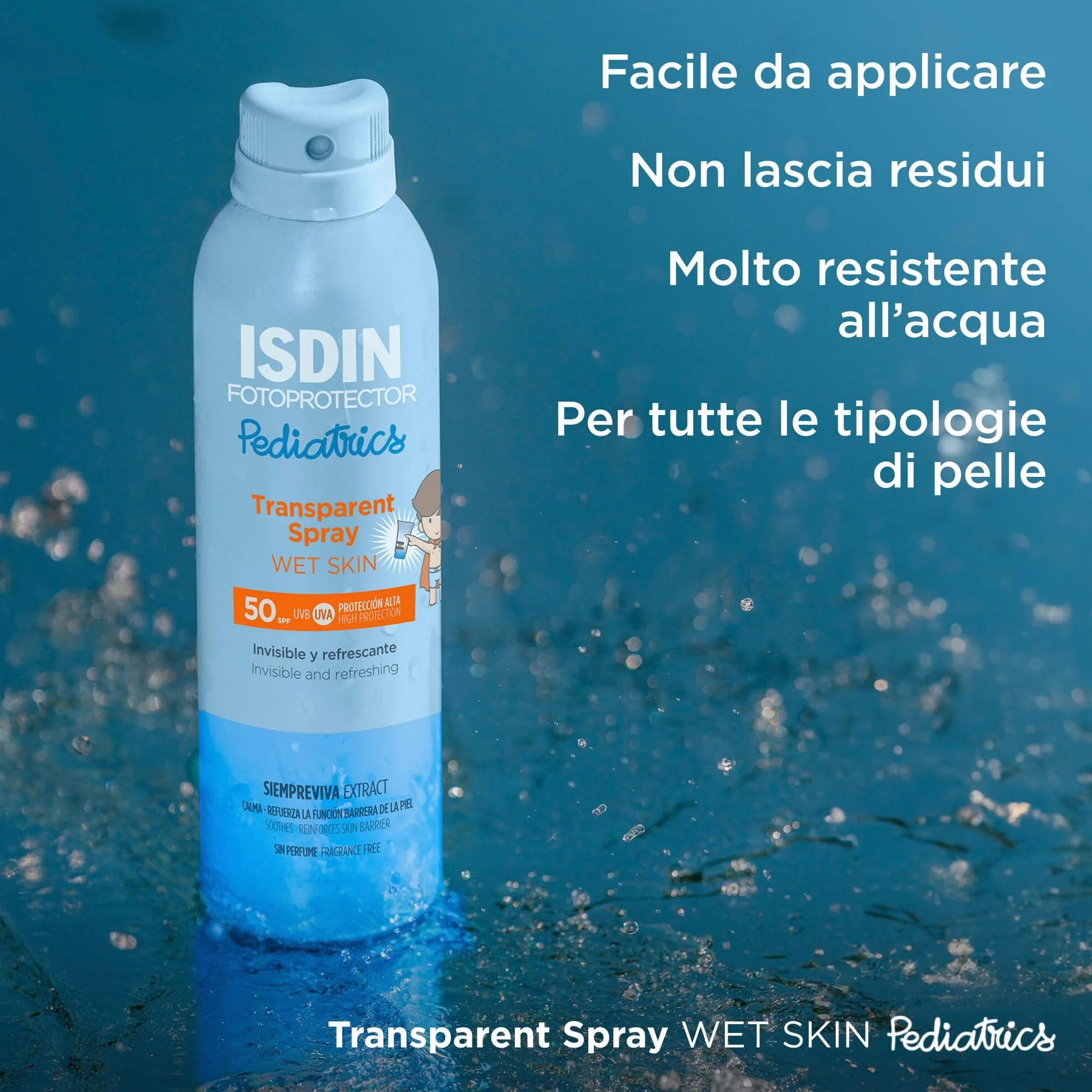 ISDIN Pediatrics Transparent Spray Wet Skin SPF 50 (250 ml) | Protezione Solare Spray per il Corpo per Bambini | Leggero e a Rapido Assorbimento