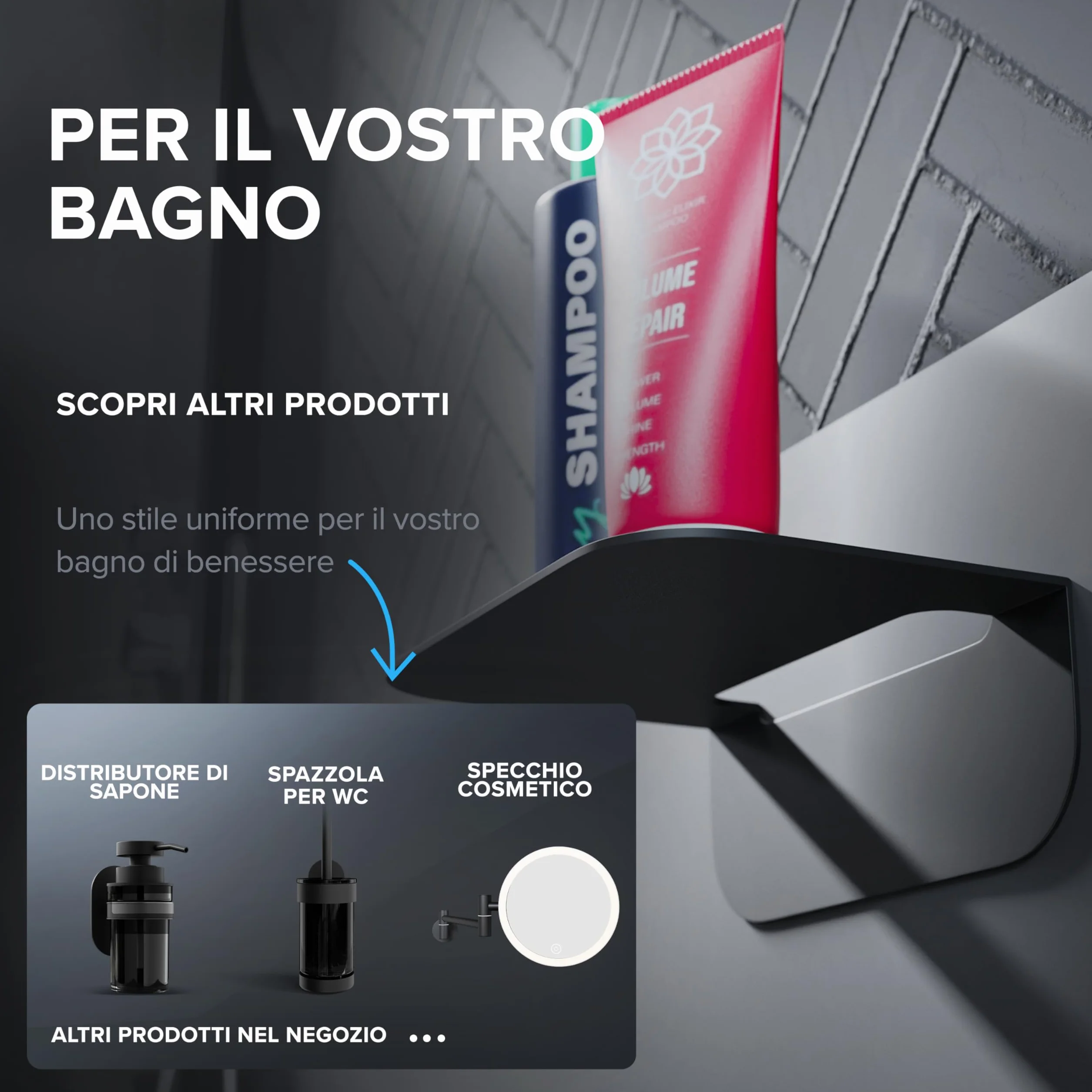 Mensola da bagno in acciaio inox nero opaco senza foratura Ovimar Gimsoya