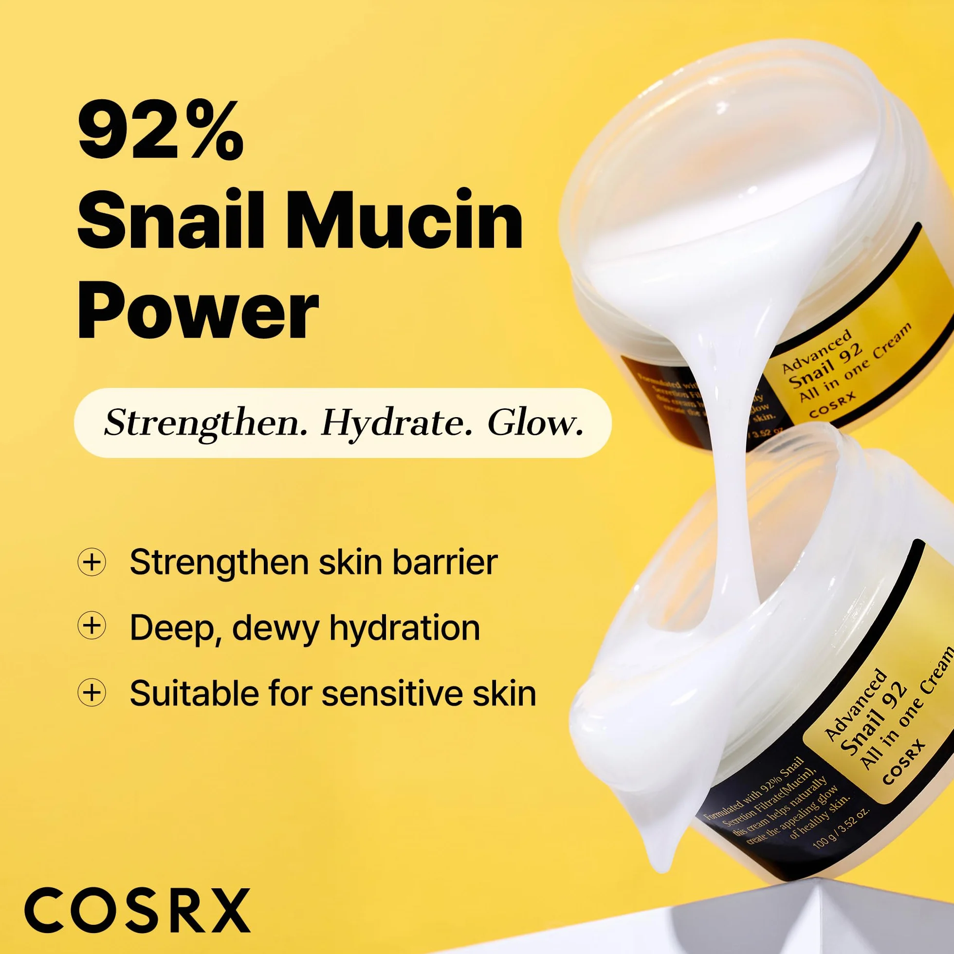 COSRX Advanced Snail 92 Crema tutto in uno, 3,53 oz/100 g | Secrezione idratante della mucina di lumaca filtrata al 92% | Idratante viso, lunga durata, idratazione profonda e intensa, 100 g
