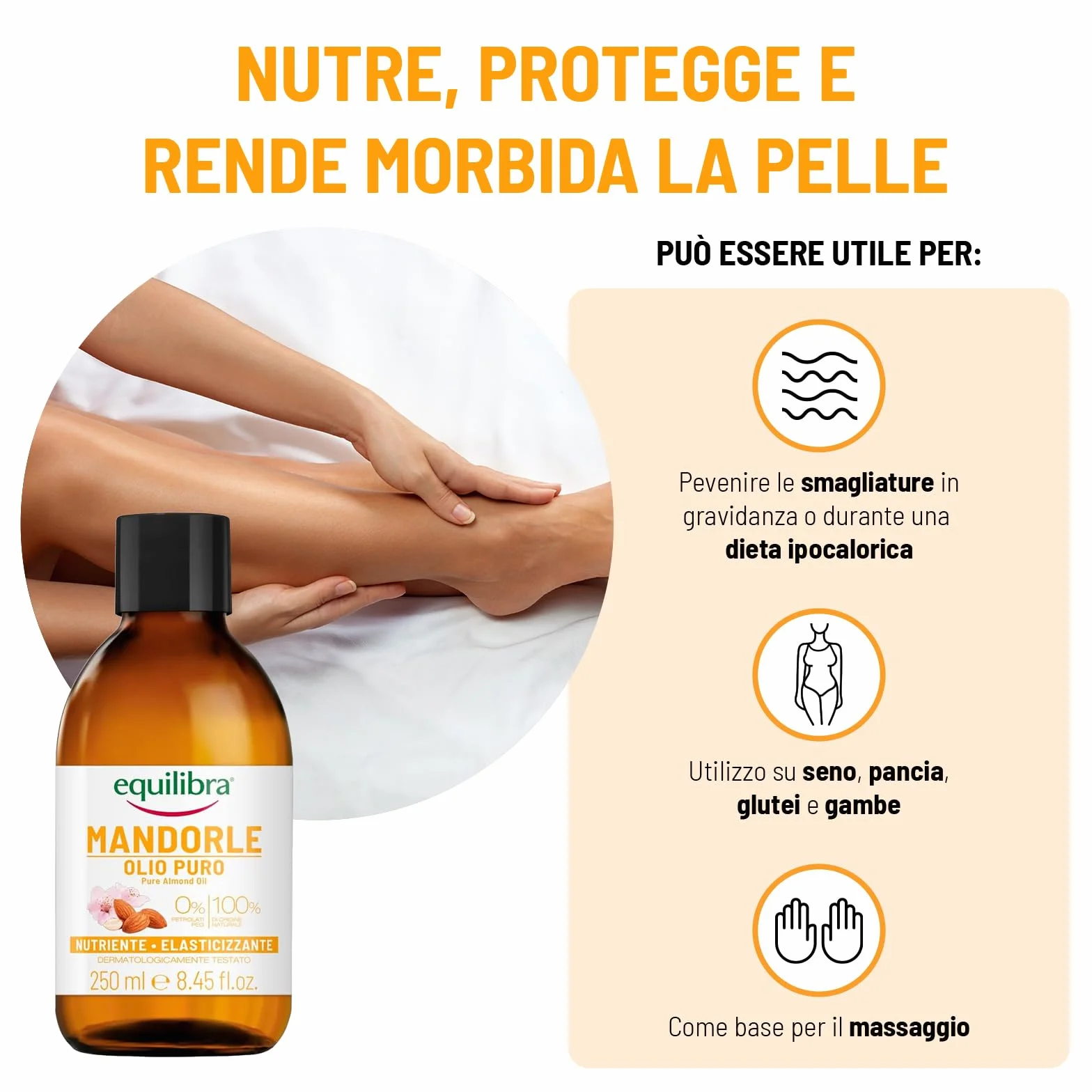 Equilibra, Olio di Mandorle Puro, Olio di Mandorle Dolci, Protettivo, Nutriente ed Elasticizzante, Aiuta a Prevenire le Smagliature in Gravidanza o Durante una Dieta Ipocalorica, 250 ml