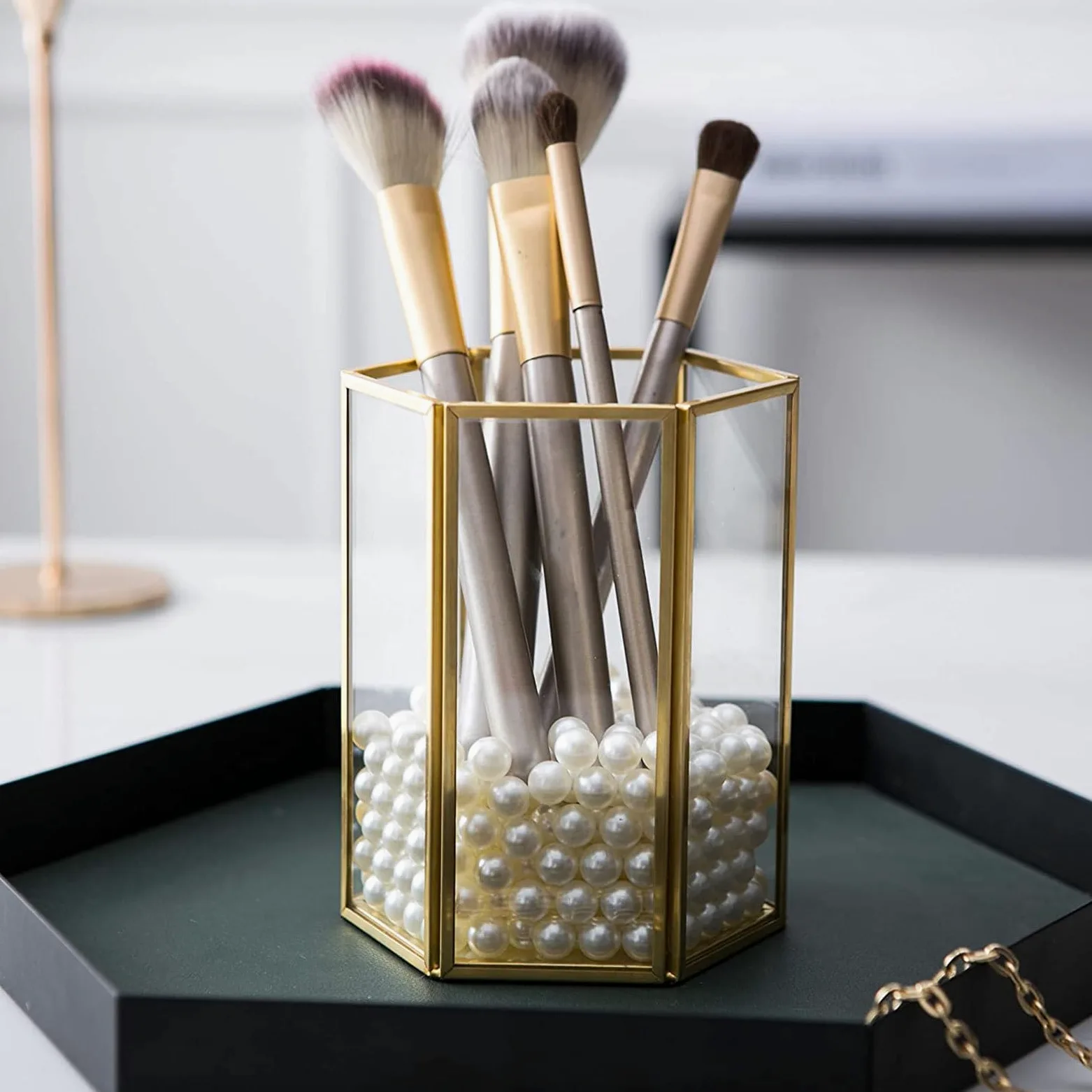 Generic Porta Pennelli Trucco in Vetro Trasparente Perle Bianche Contenitore Organizer da Banco senza Coperchio Porta Scopino per Organizzare e Risparmiare Spazio Sul Piano di Lavoro