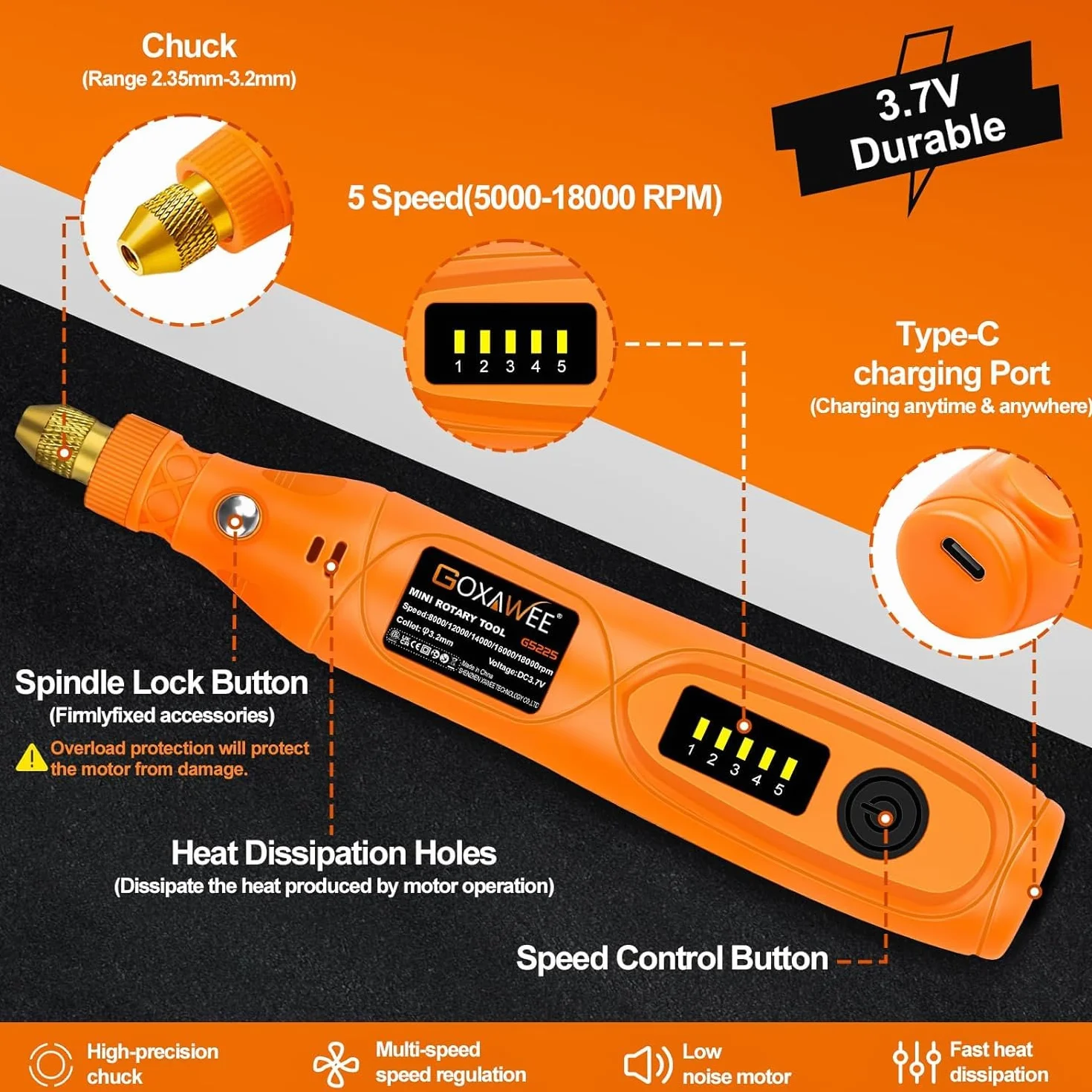 GOXAWEE Mini Trapano 3,7 V Rotativo Multifunzione 104 Accessori Smerigliatrice Incisione Taglio Foratura Lucidatura