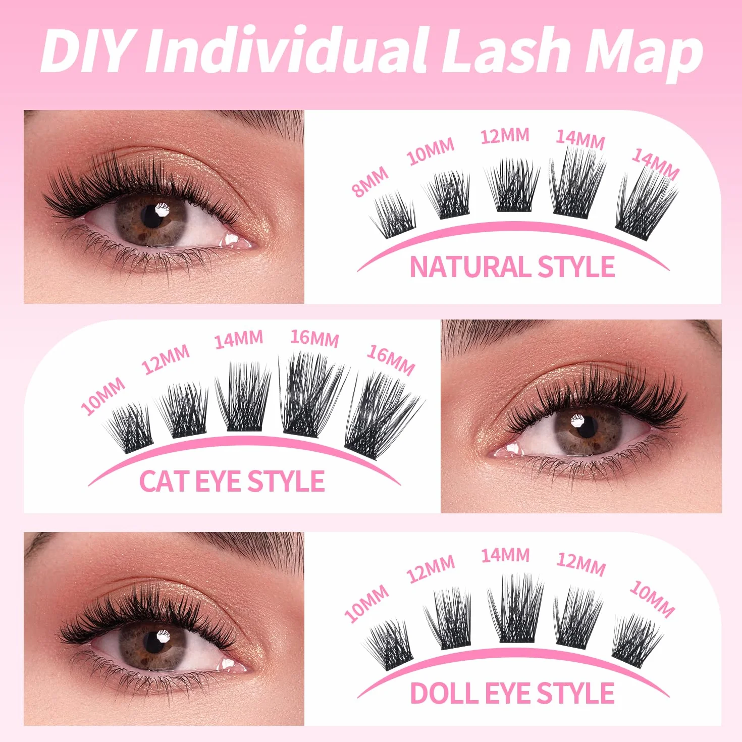 Ciglia Finte Ciuffetti Kit Extension Ciglia Lash Clusters con Bond e Rimuoviciglia 8-16mm,DIY Eyelash Extension Kit (DM-FD32)