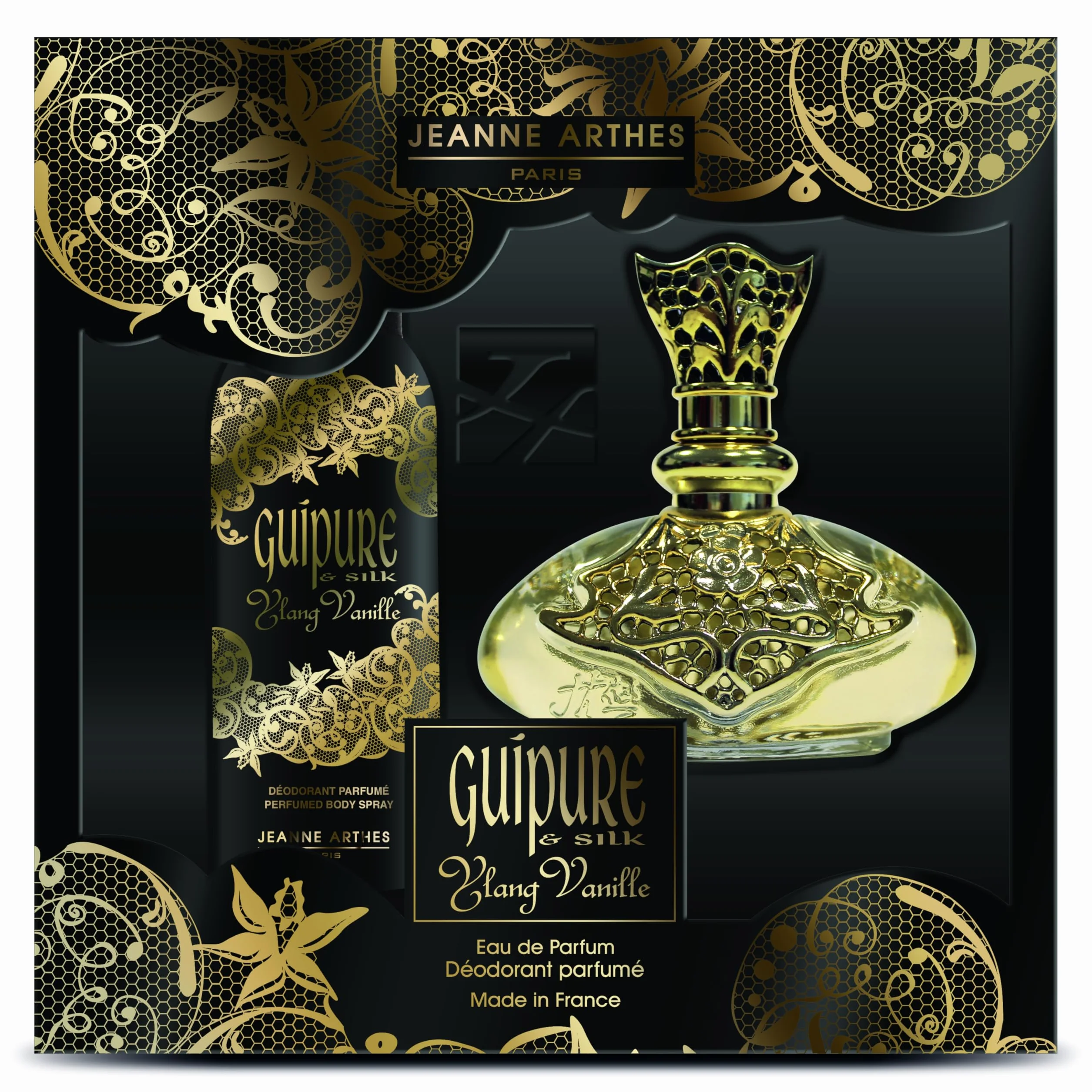 JEANNE ARTHES - Cofanetto regalo EDP + spray per il corpo donna - Guipure Ylang Vaniglia - Eau de Parfum 100 ml + Déospray 150 ml - Profumo Musc Vaniglia - Made in France à Grasse