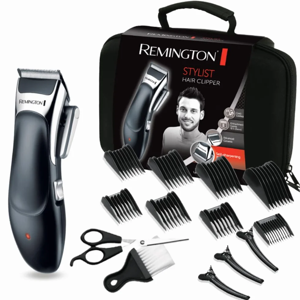 Remington Set Tagliacapelli - Lame autoaffilanti rivestite in ceramica - 8 pettini accessori + custodia professionale e altri accessori, funzionamento a rete-batteria, litio, Tagliacapelli, HC363C