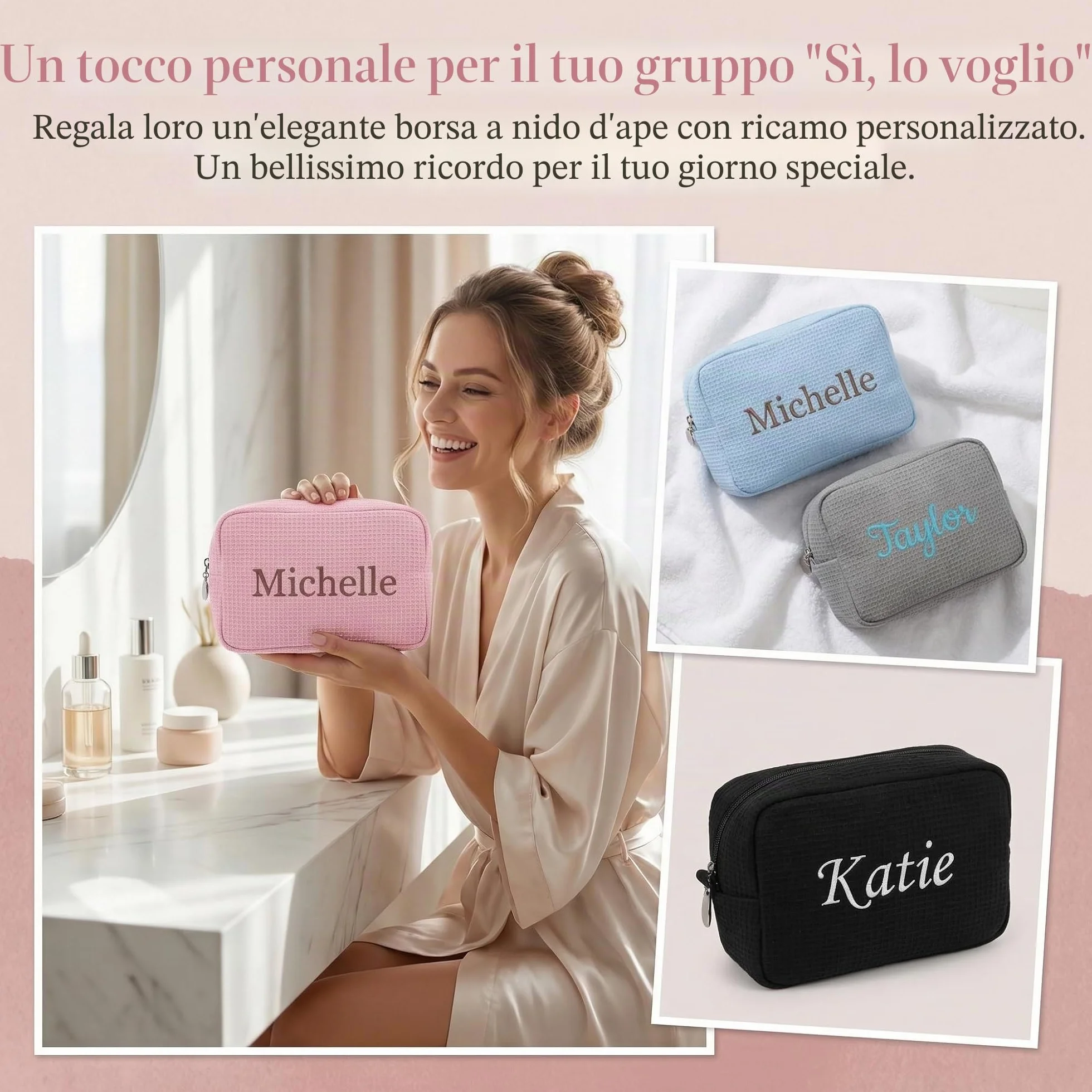 Borsa da trucco personalizzata con nome ricamato, borsa da bagno in maglia goffrata personalizzata per donne, borsa da viaggio grande e piccola borsa da trucco per regali da damigella
