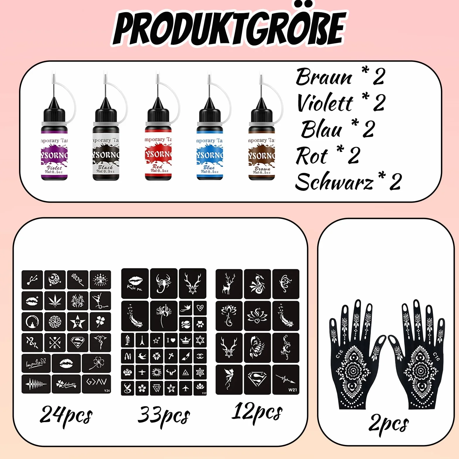 Henné Set con 10 bottiglie di inchiostro, 67 stencil e stencil per henné a mano, kit per pittura fai da te, tatuaggi temporanei per tatuaggi creativi