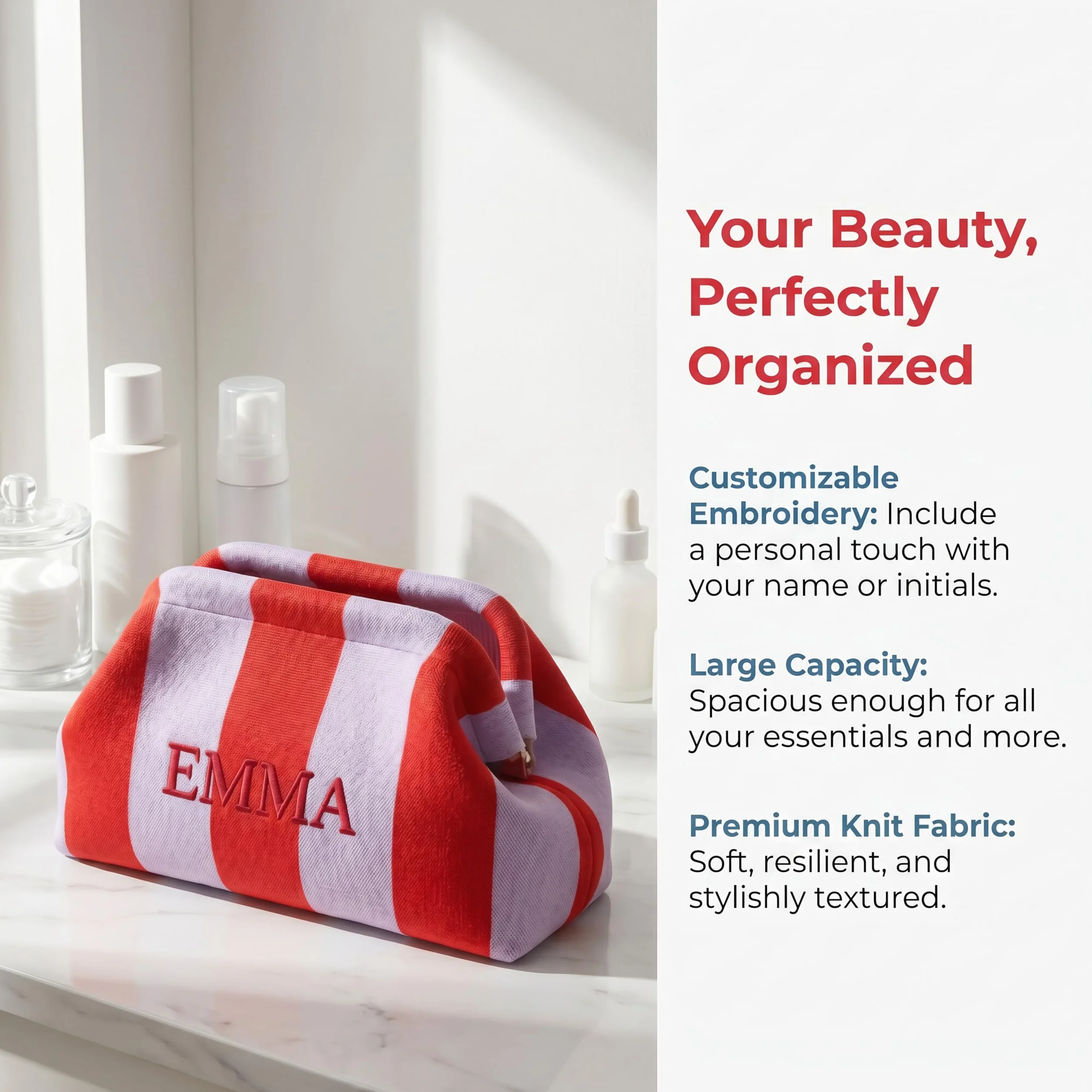 Borsa per il trucco in maglia a righe personalizzata, borsa da toilette ricamata personalizzata con grande capacità, regali per damigella d'onore per donne, borsa portaoggetti Mahjong adatta