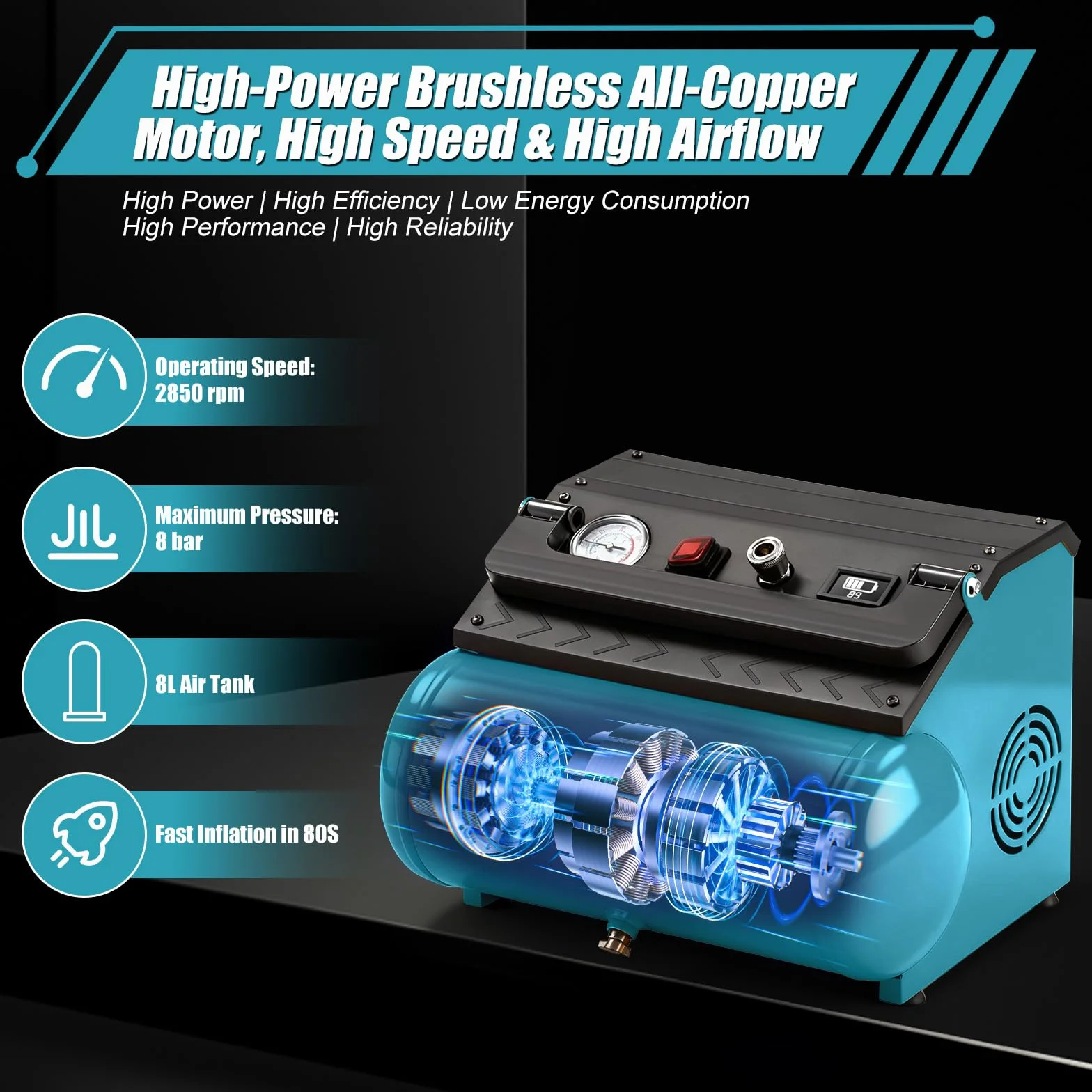 Compressore d'Aria 18V Compatibile Makita, Portatile 8L 8 Bar Senza Olio Brushless