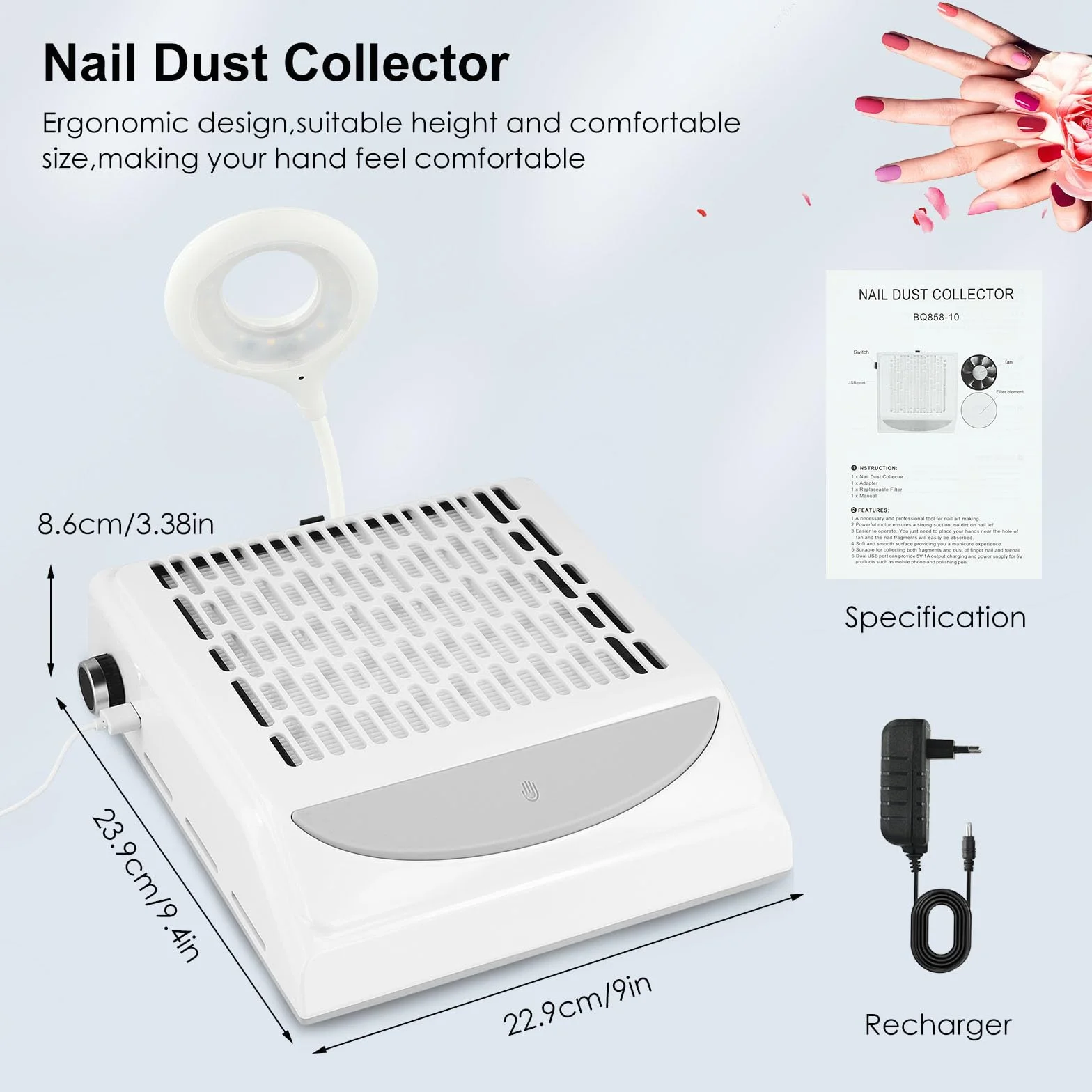 100 W Nail Vacuum Cleaner con filtro, luce LED – Efficient Dust Extraction for Nail Salons and at home – Noiseless, estremamente confortevole e potente