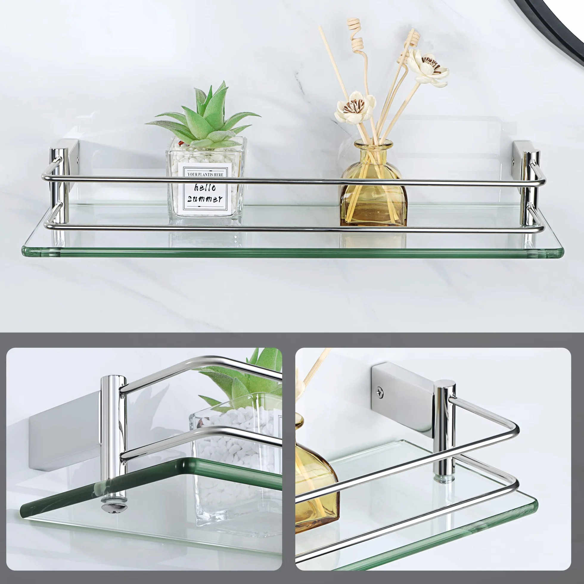 SAYAYO Mensola Bagno Vetro 40 CM Mensola Doccia Vetro a Parete Acciaio Inox 304 8MM Vetro Temperato Cromo Lucido